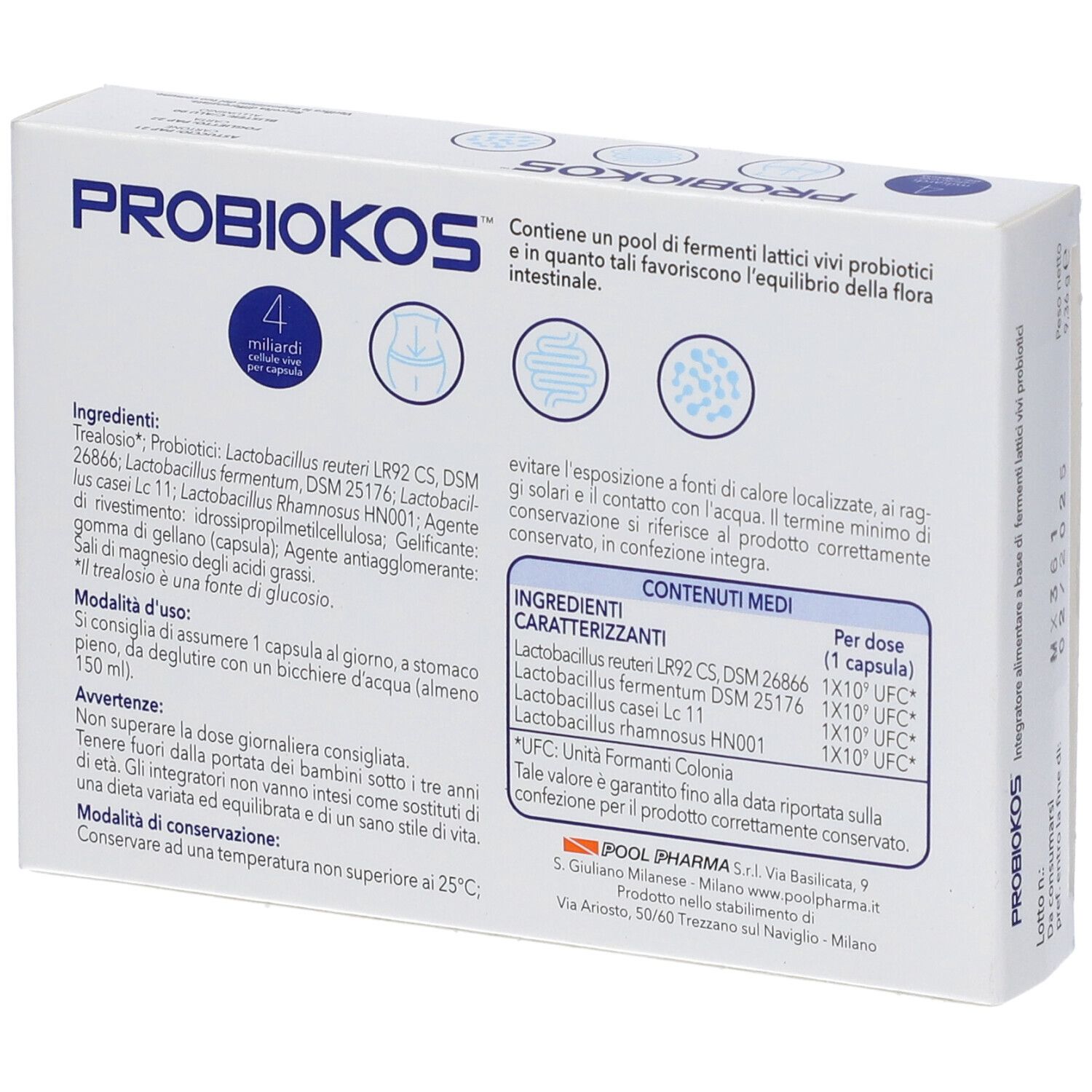 Retro della scatola PROBIOKOS. Contiene informazioni su ingredienti, uso e avvertenze. Contiene anche informazioni nutrizionali.