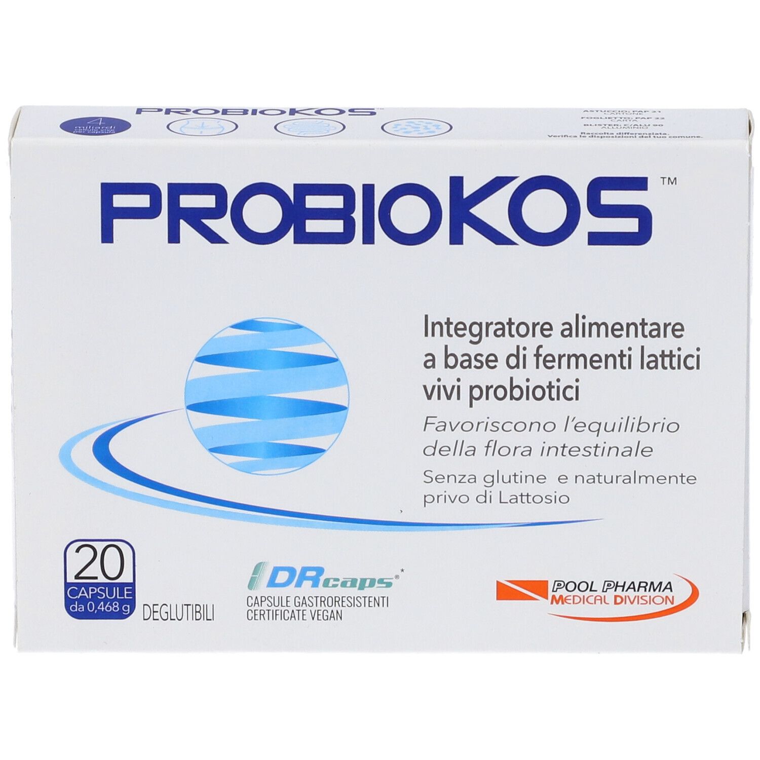 Scatola bianca con dettagli blu. Scritta PROBIOKOS, 20 capsule. Contiene informazioni sugli ingredienti e sul produttore.