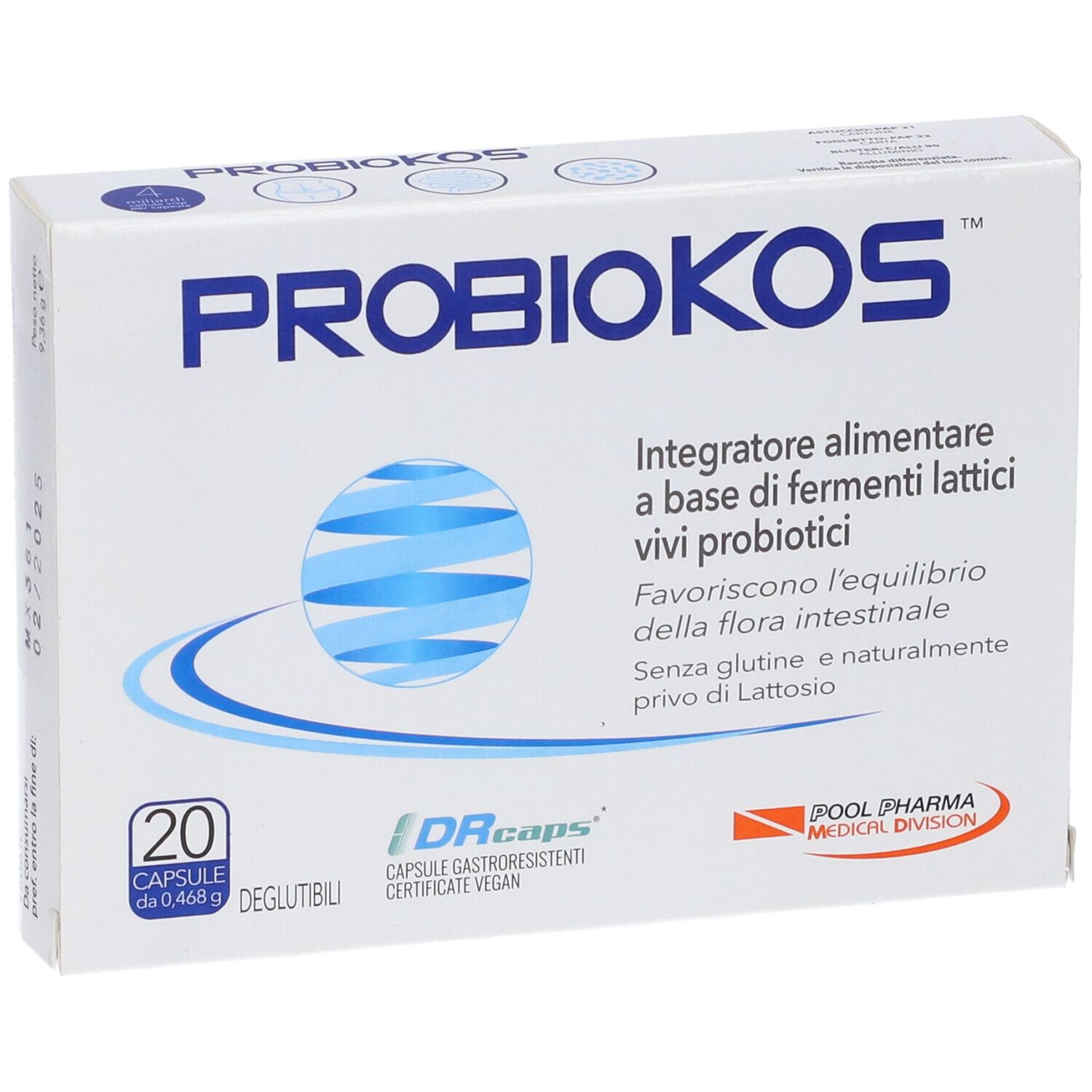 Scatola bianca con dettagli blu. Scritta PROBIOKOS, 20 capsule. Contiene informazioni sugli ingredienti e sul produttore.