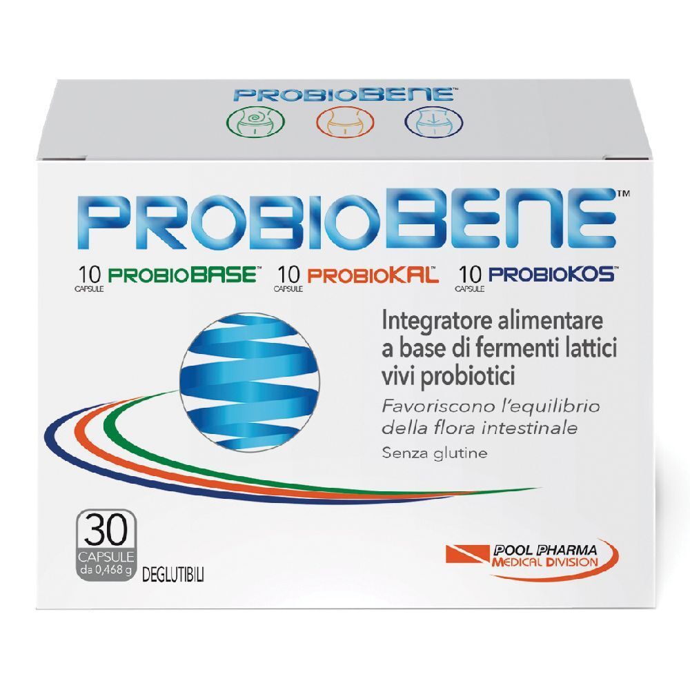 Scatola bianca con logo "PROBIOBENE". Contiene 30 capsule. Testo: "Integratore alimentare a base di fermenti lattici vivi probiotici".