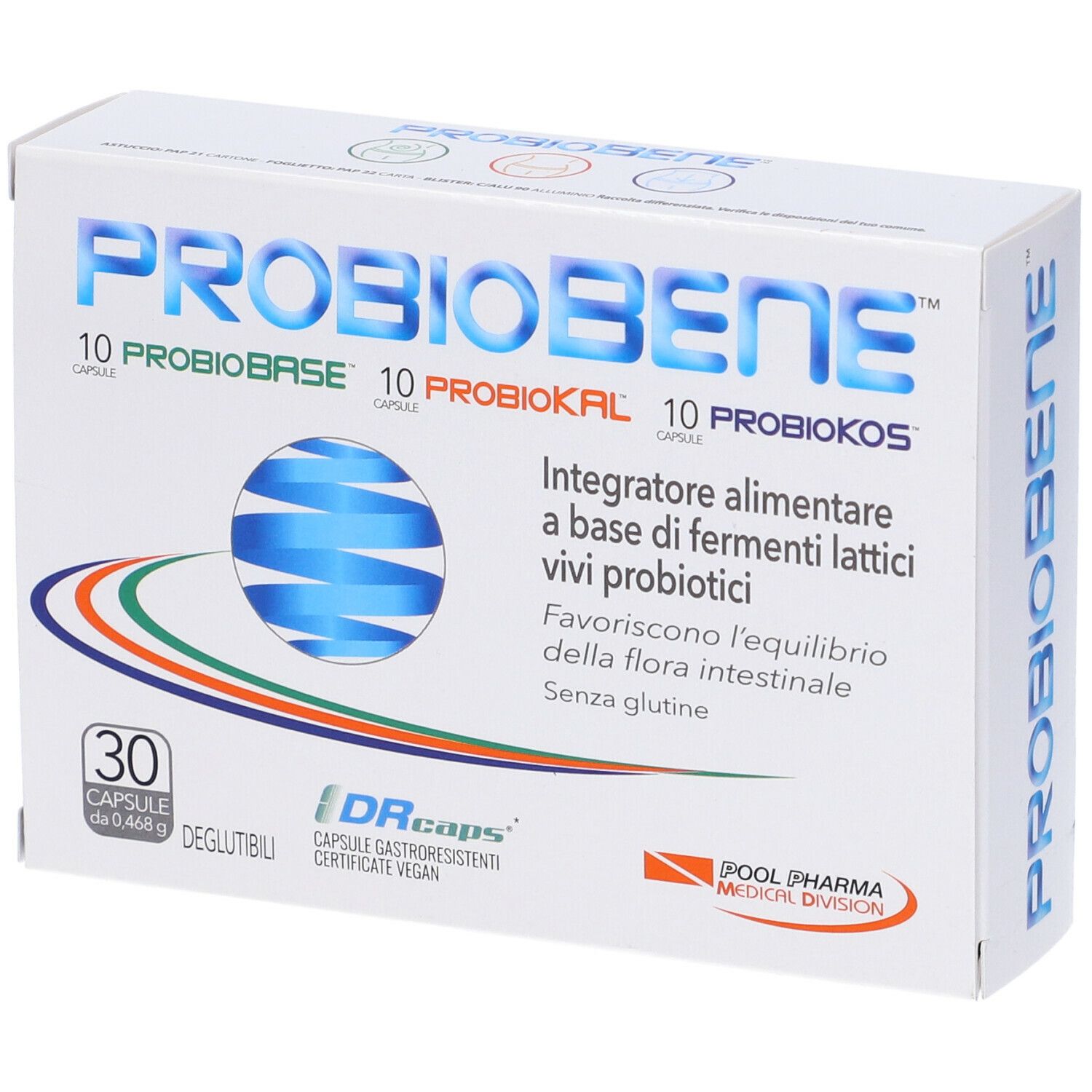 Scatola bianca con logo "PROBIOBENE". Contiene 30 capsule. Certificazione "DRcaps". Testo: "Integratore alimentare a base di fermenti lattici vivi probiotici".