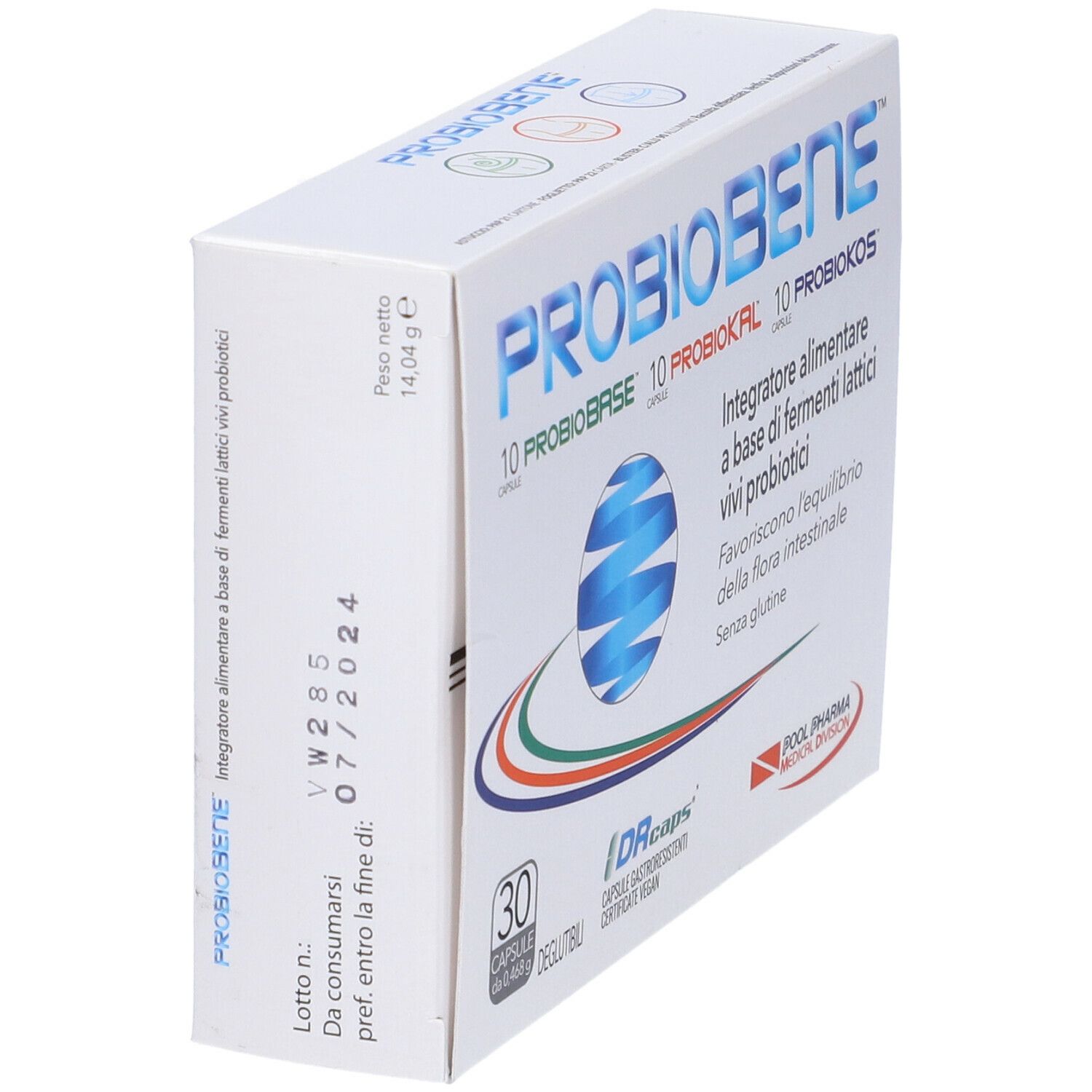 Scatola con logo "PROBIOBENE". Contiene 30 capsule. Testo: "Integratore alimentare a base di fermenti lattici vivi probiotici". Vista angolata.