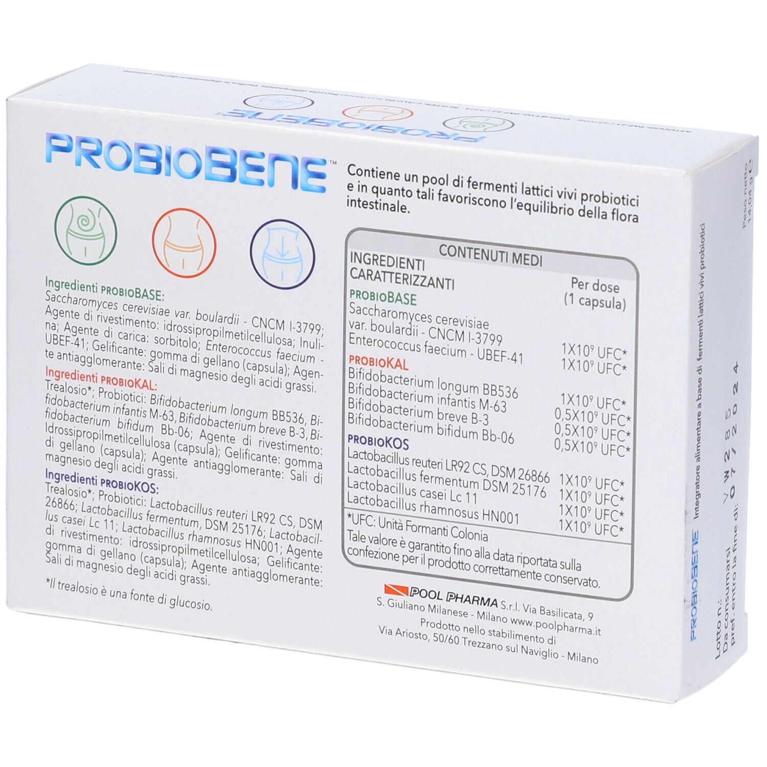 Retro della scatola "PROBIOBENE". Contiene ingredienti e informazioni nutrizionali. Testo: "Integratore alimentare a base di fermenti lattici vivi probiotici".