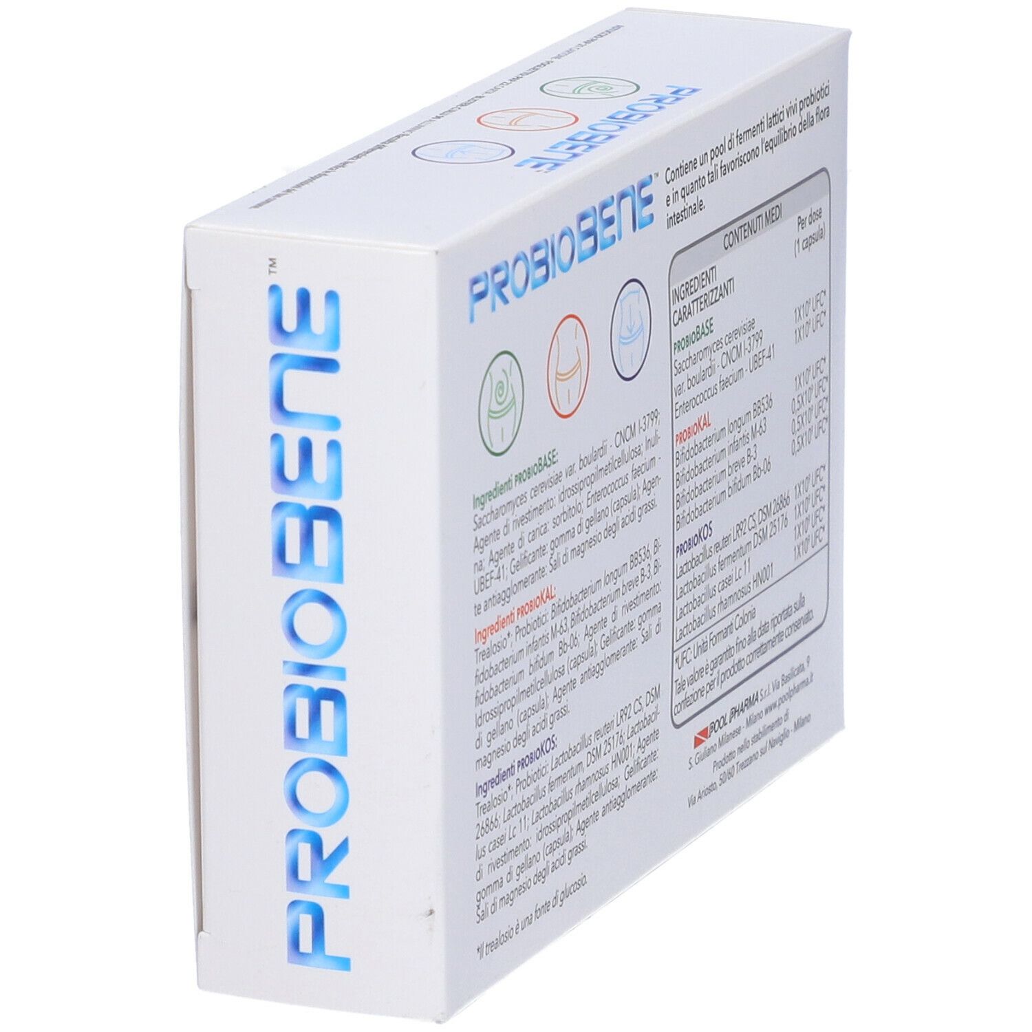 Vista angolata della scatola "PROBIOBENE". Contiene ingredienti e informazioni nutrizionali. Testo: "Integratore alimentare a base di fermenti lattici vivi probiotici".