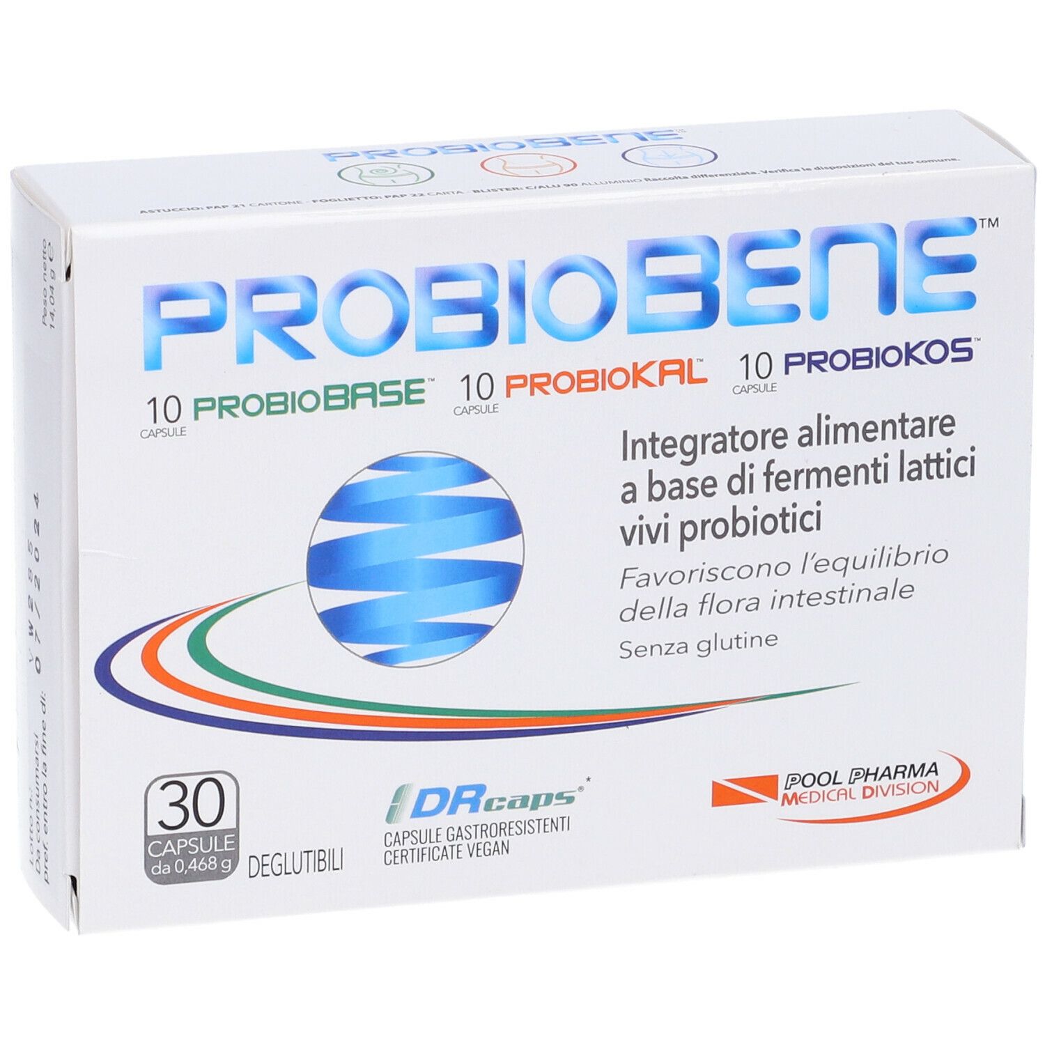 Scatola bianca con logo "PROBIOBENE". Contiene 30 capsule. Testo: "Integratore alimentare a base di fermenti lattici vivi probiotici".
