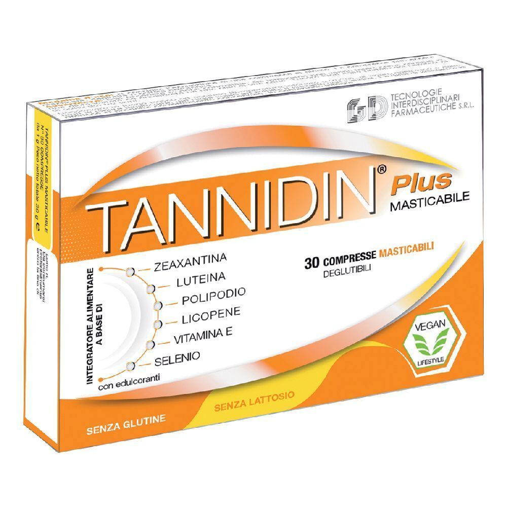 Confezione di Tannidin Plus compresse masticabili. Design arancione e bianco con nome e ingredienti. 30 compresse, vegano.