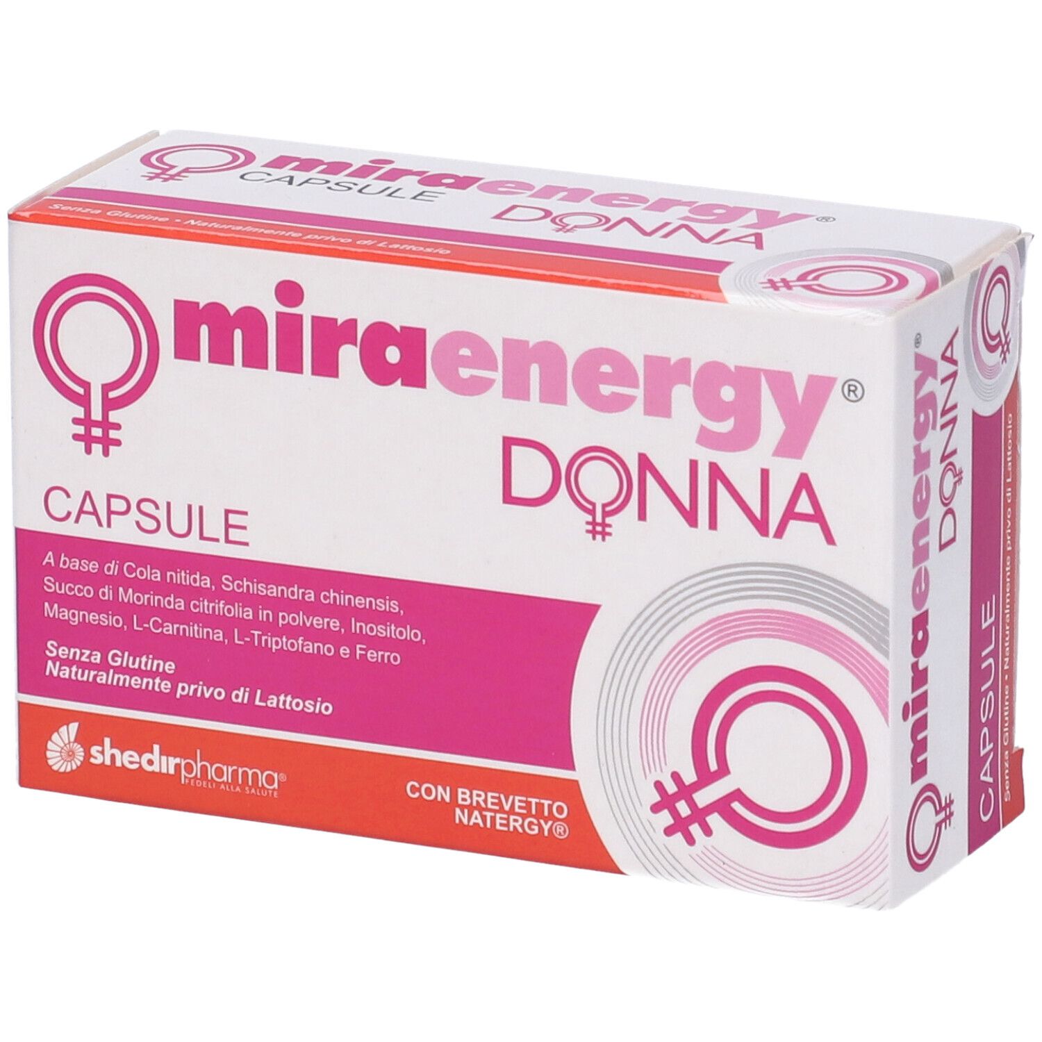 Scatola di capsule Miraenergy Donna. Bianco con accenti rosa. Contiene informazioni sugli ingredienti e il marchio.