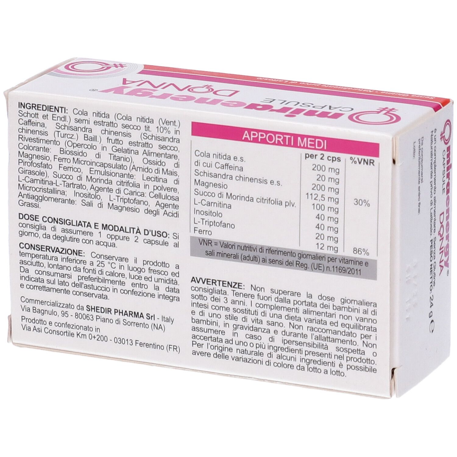 Retro della scatola di capsule Miraenergy Donna. Contiene informazioni su ingredienti, dosaggio e avvertenze.