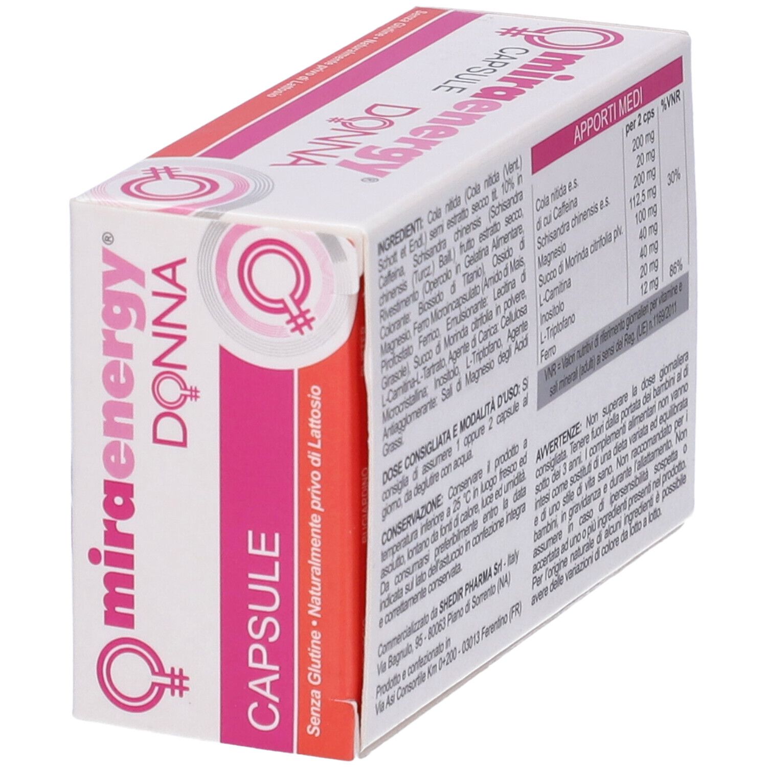Scatola di capsule Miraenergy Donna in diagonale. Retro con ingredienti, dosaggio e avvertenze.