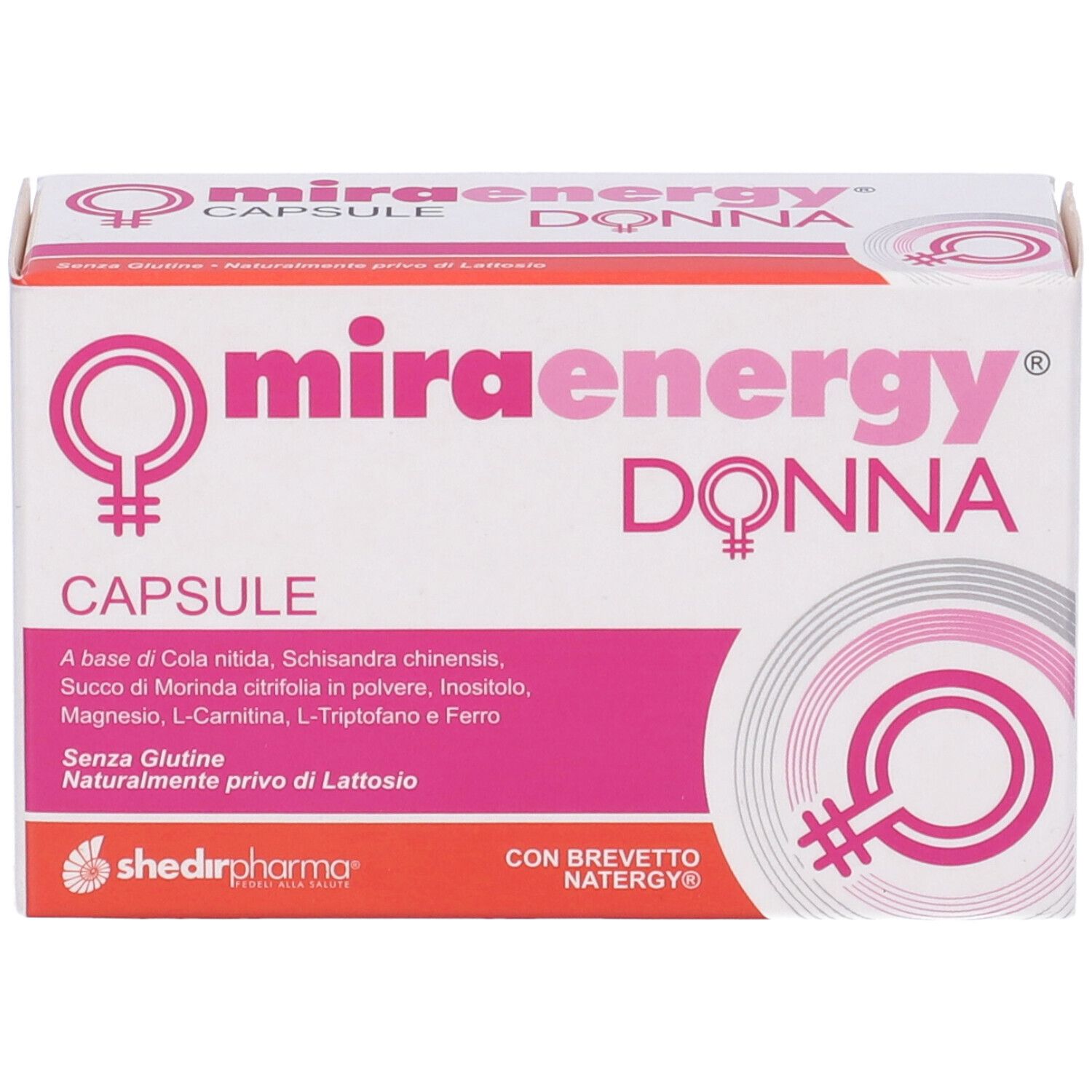 Scatola di capsule Miraenergy Donna. Bianco con accenti rosa. Contiene informazioni sugli ingredienti e il marchio.