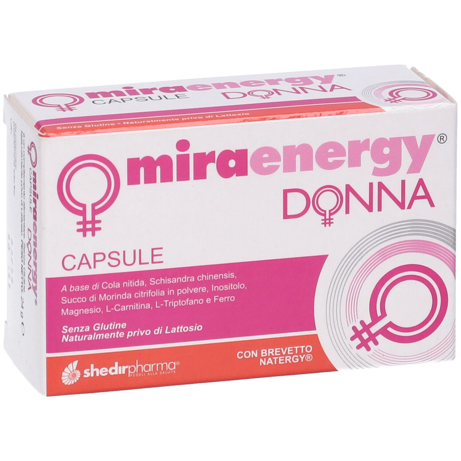 Scatola di capsule Miraenergy Donna. Bianco con accenti rosa. Contiene informazioni sugli ingredienti e il marchio.