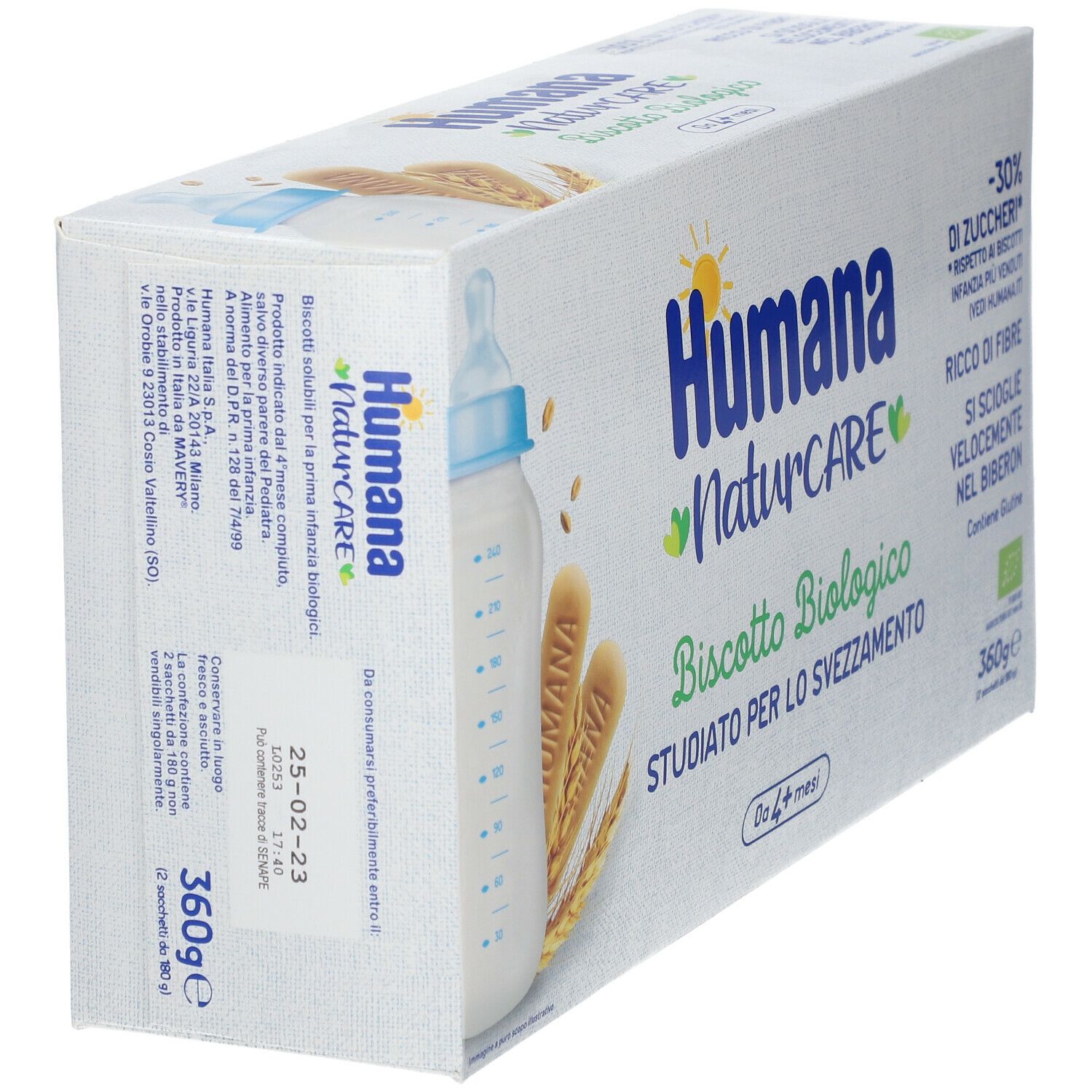 Humana NaturCARE Bio-Kekse in Kartonverpackung. Abbildung mit Flasche und Keksen. Text: Biscoito Biologico, 360g, glutenfrei.