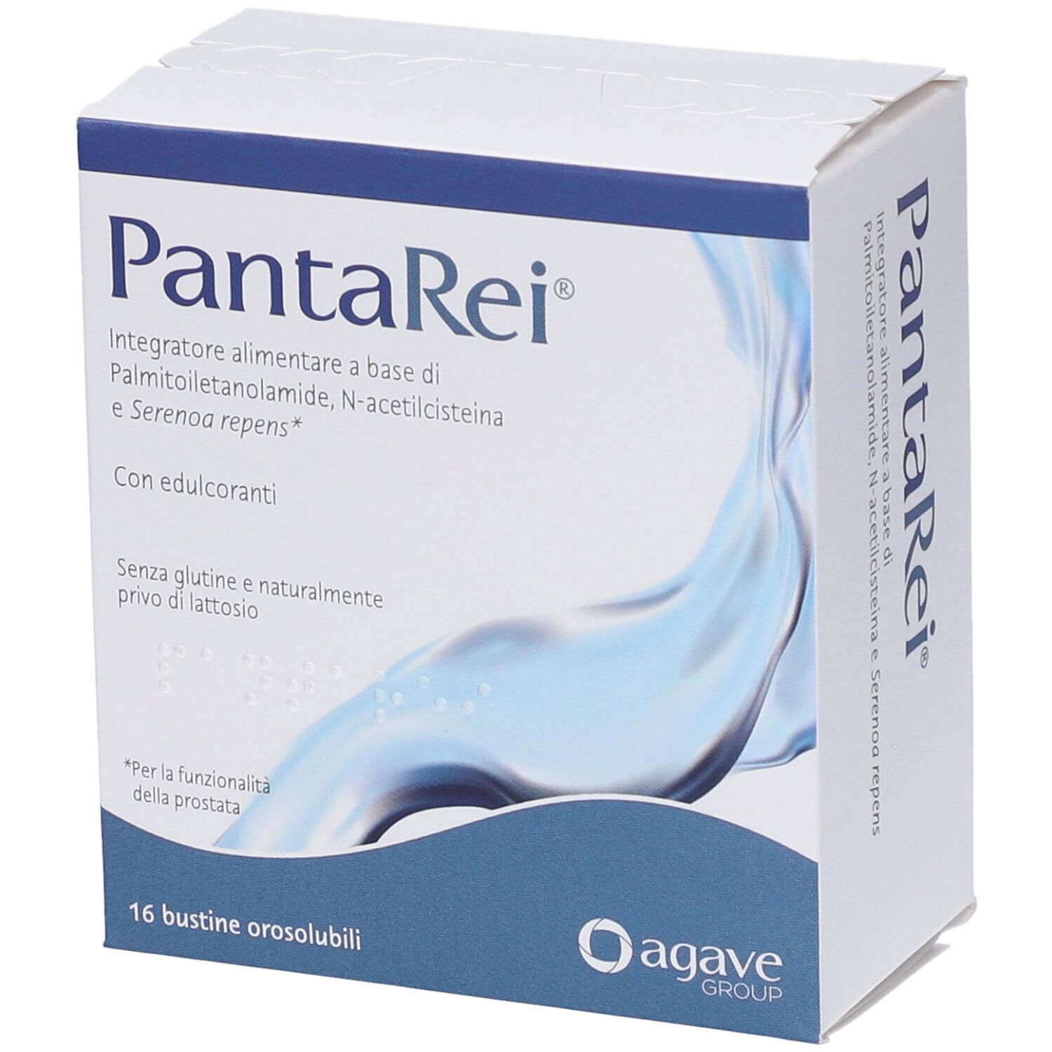 Scatola bianca "PantaRei". Ingredienti e informazioni nutrizionali. 16 bustine. Logo Agave Group.