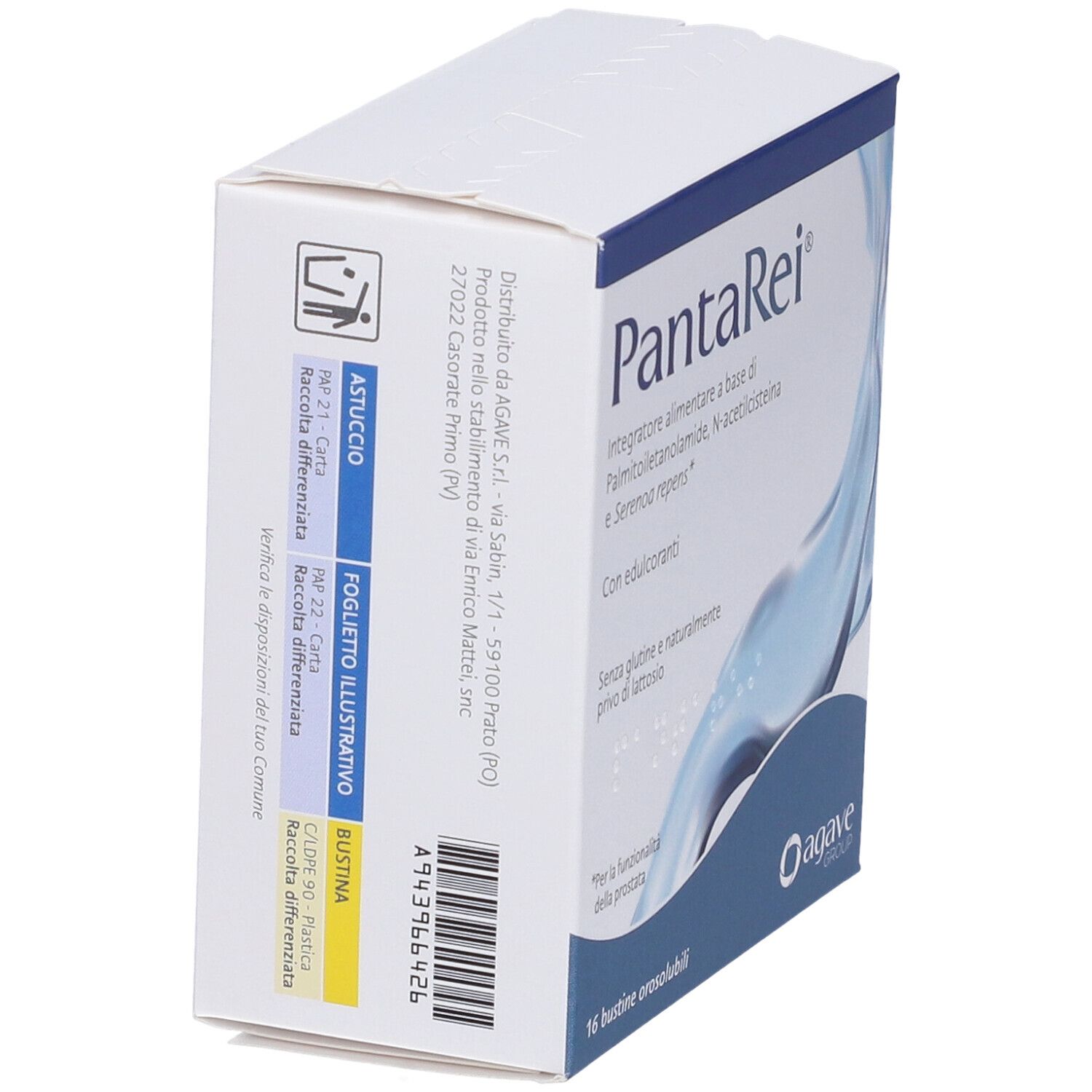 Scatola bianca "PantaRei". Retro con informazioni e codice a barre. Logo Agave Group.
