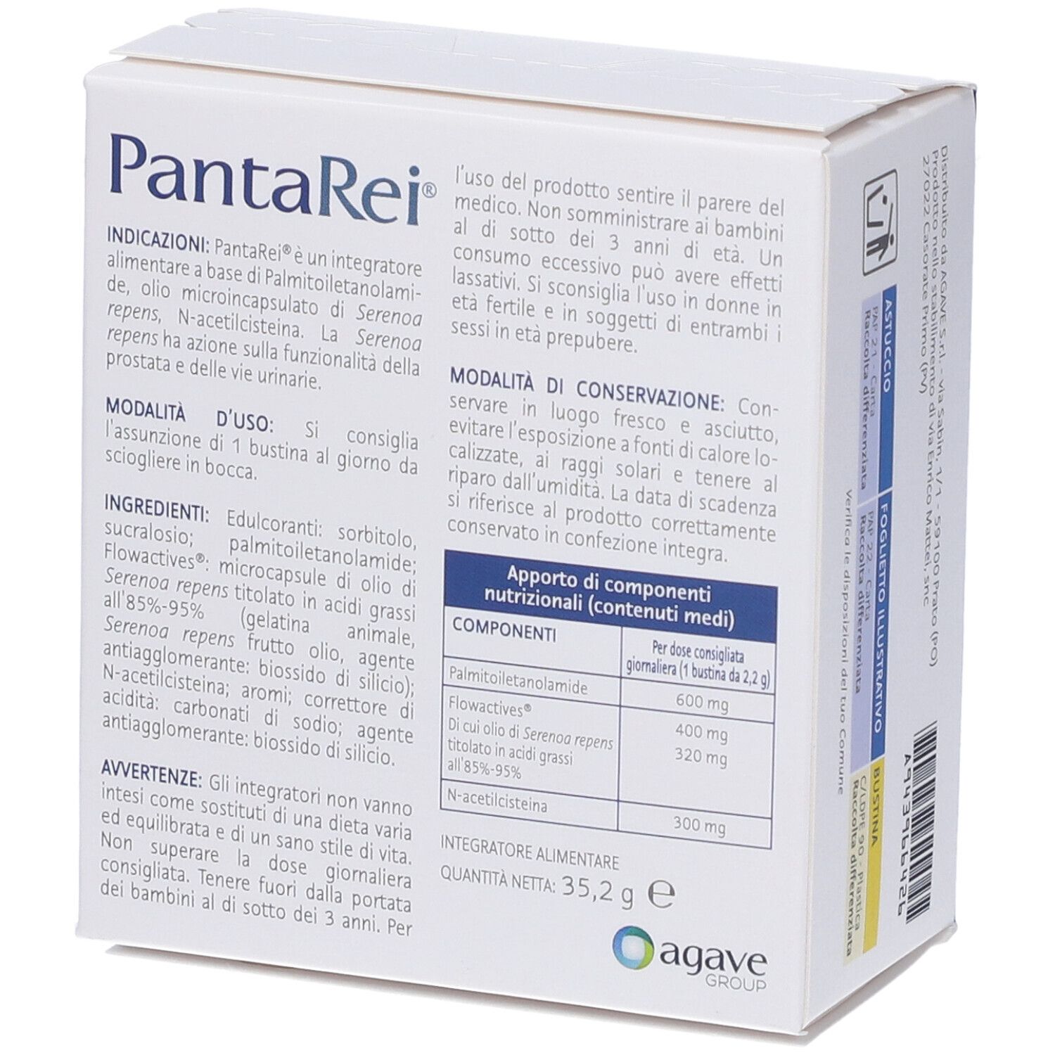 Scatola bianca "PantaRei". Ingredienti, informazioni nutrizionali. Logo Agave Group.
