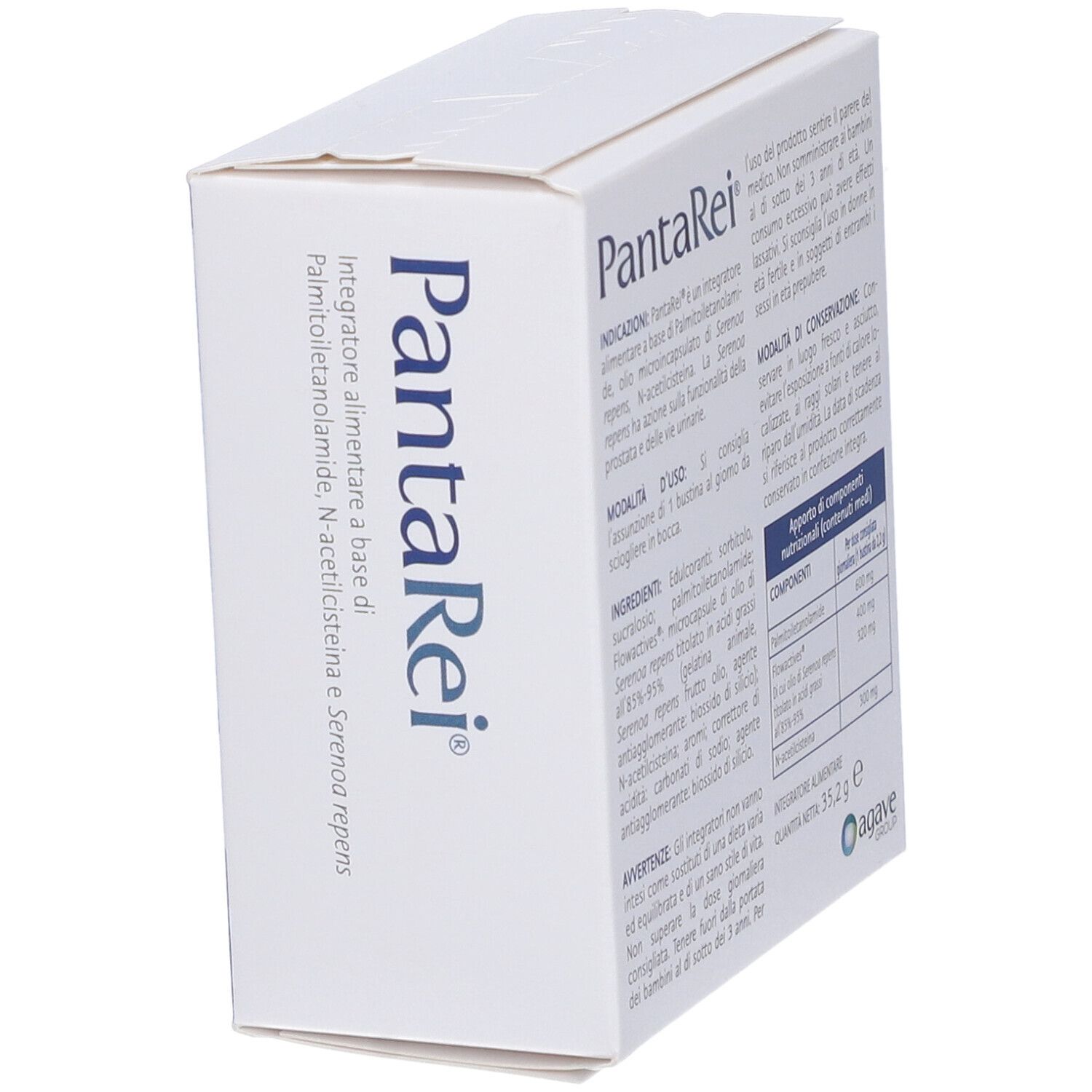 Scatola bianca "PantaRei". Ingredienti e informazioni prodotto. Logo Agave Group.