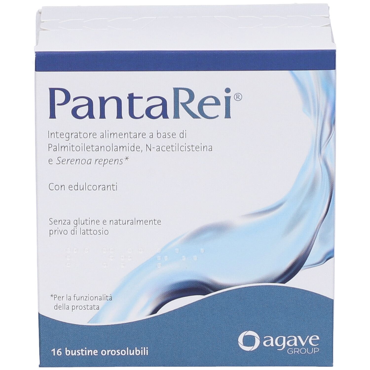 Scatola bianca "PantaRei". Ingredienti e logo. 16 bustine. Logo Agave Group.