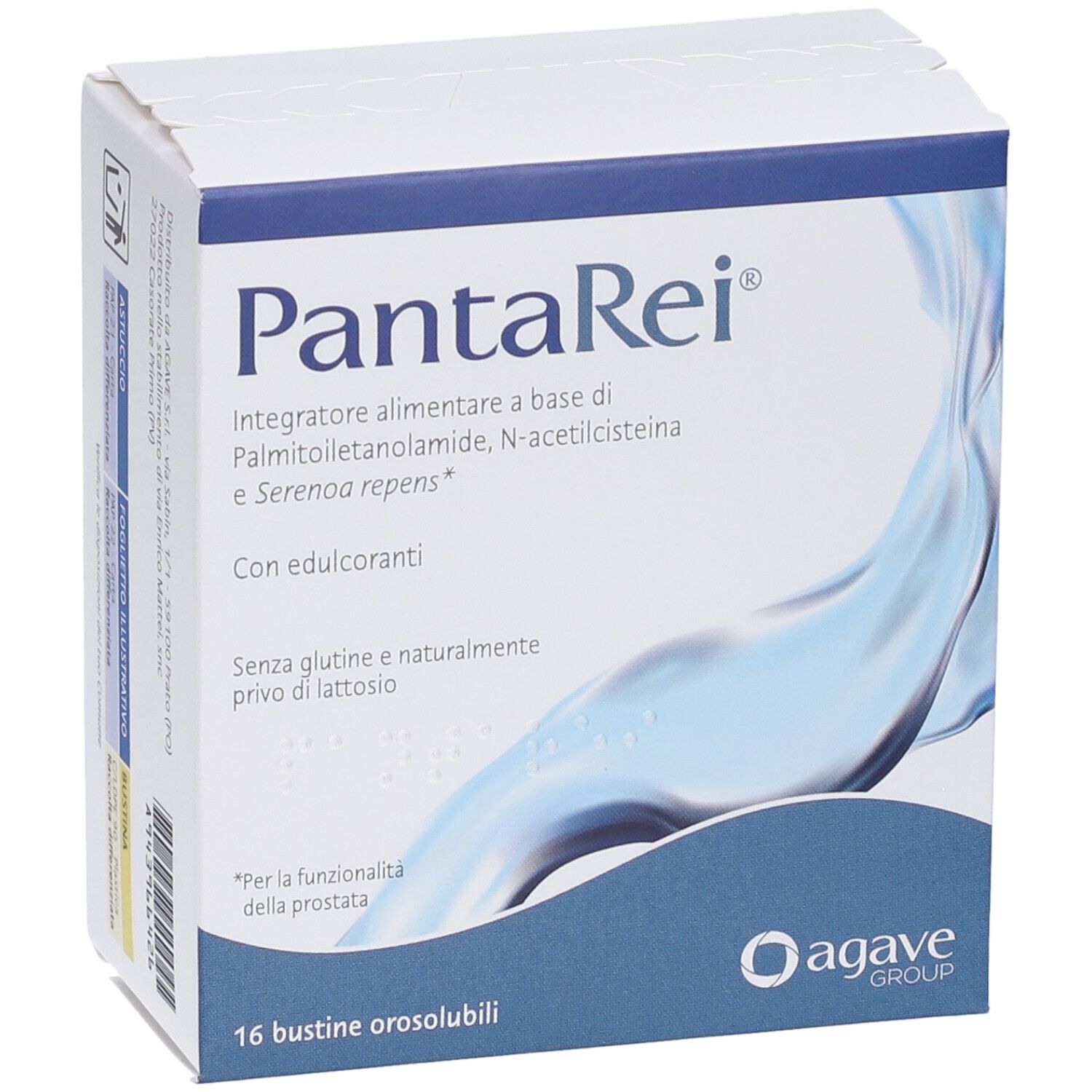Scatola bianca "PantaRei". Ingredienti e logo. 16 bustine. Logo Agave Group.