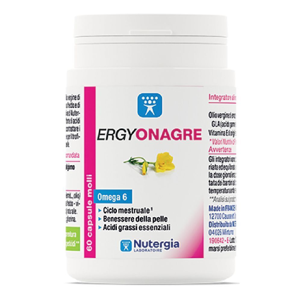 Flacone bianco di Ergyonagre, 60 capsule. Contiene Omega 6. Marchio Nutergia.
