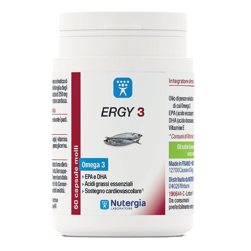 Flacone bianco con etichetta rossa. Scritta: ERGY 3, Omega 3, 60 capsule. Illustrazione di pesce.