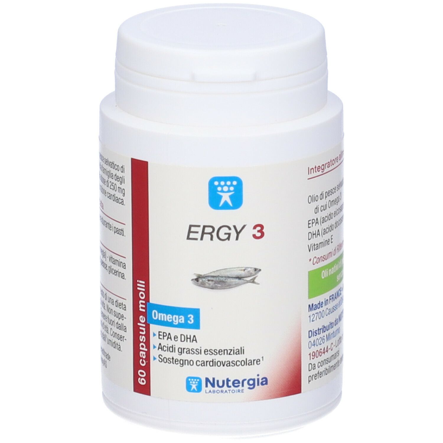 Flacone bianco con etichetta rossa. Scritta: ERGY 3, Omega 3, 60 capsule. Illustrazione di pesce.