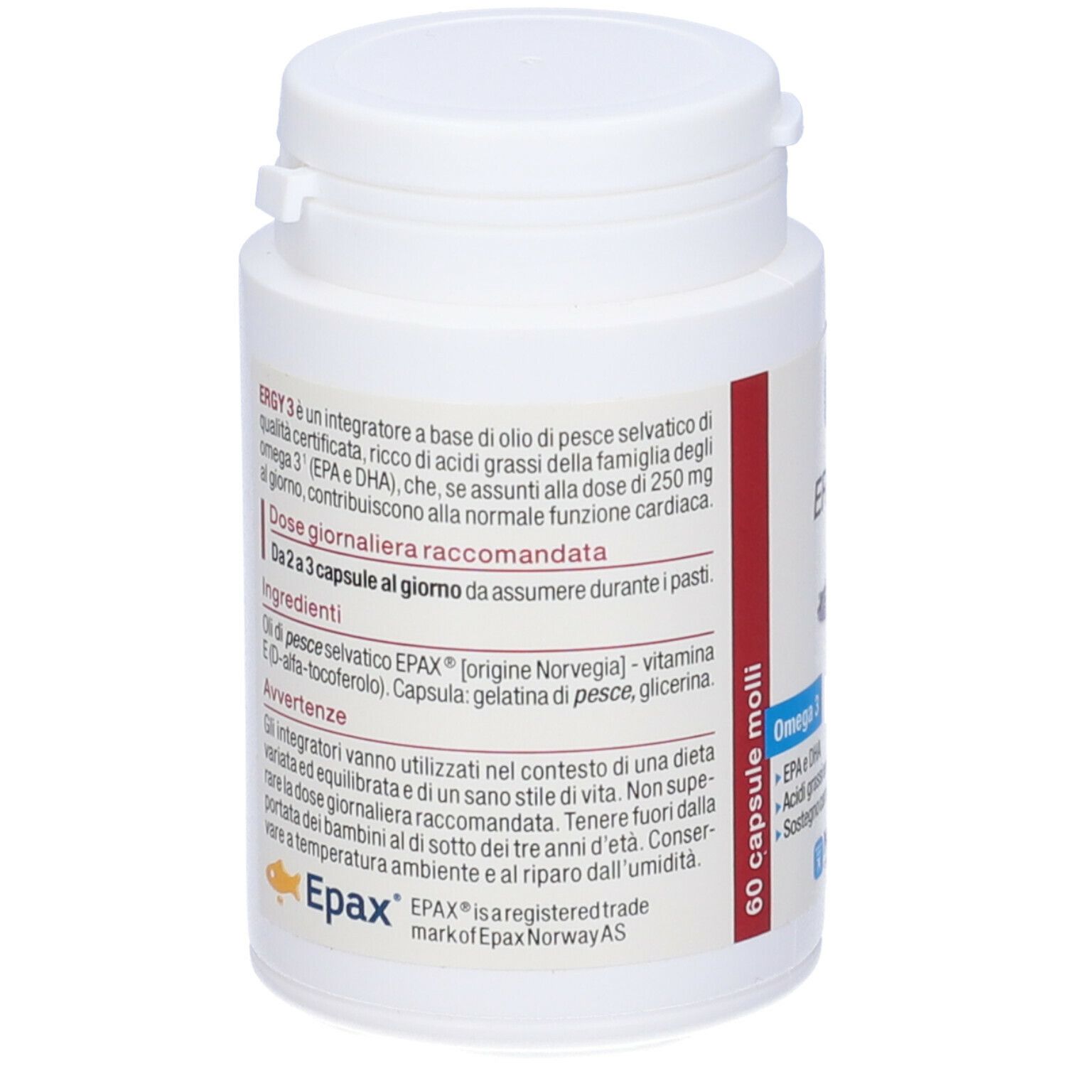 Retro del flacone bianco. Testo: ERGY 3, ingredienti, dosaggio. Logo EPAX.