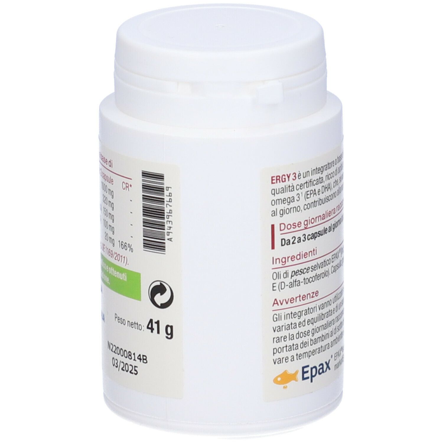 Retro del flacone bianco. Testo: ERGY 3, peso 41g, scadenza. Simbolo di riciclaggio.