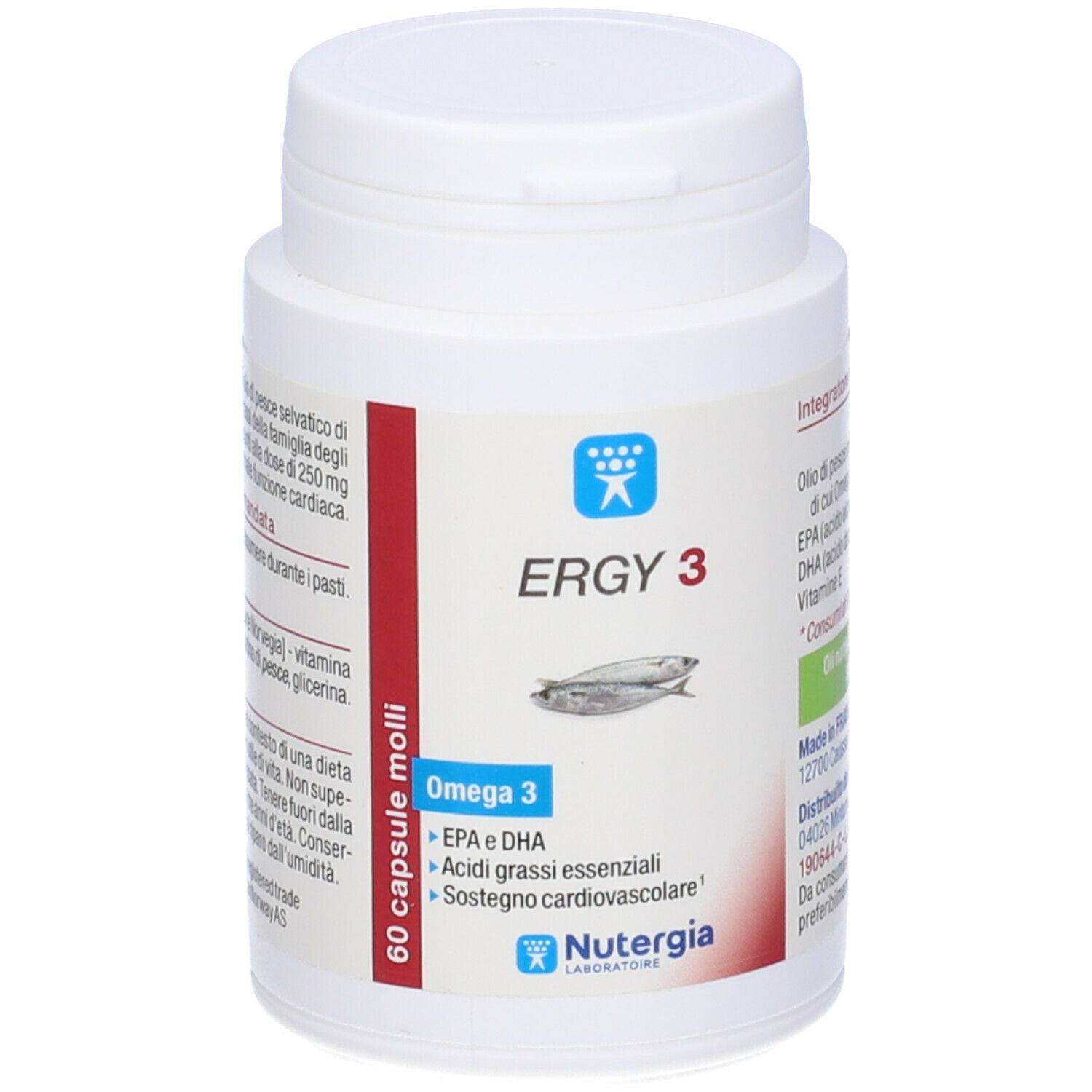 Flacone bianco con etichetta rossa. Scritta: ERGY 3, Omega 3, 60 capsule. Illustrazione di pesce.