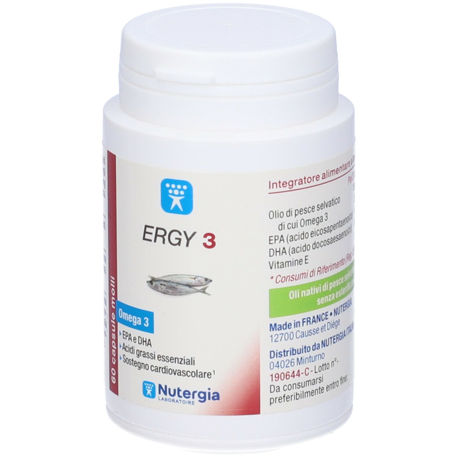 Flacone bianco con etichetta rossa. Scritta: ERGY 3, Omega 3, 60 capsule. Illustrazione di pesce.