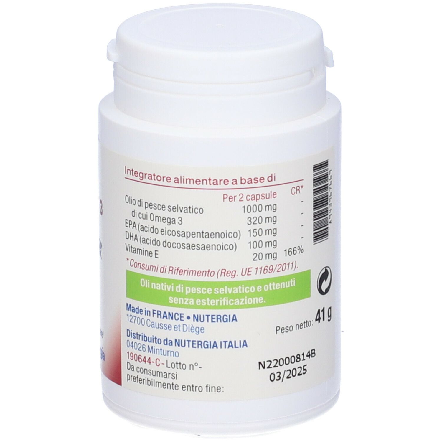 Retro del flacone bianco. Testo: ERGY 3, ingredienti, peso, scadenza. Prodotto in Francia.