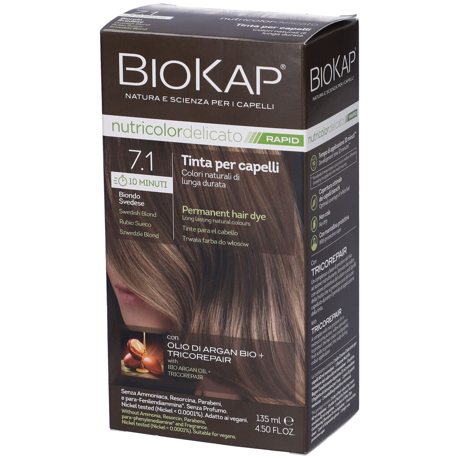 Scatola di tintura per capelli. Scritta: Biokap Nutricolor Delicato Rapid 7,1. Immagine di capelli. Con olio di Argan e Tricorepair.