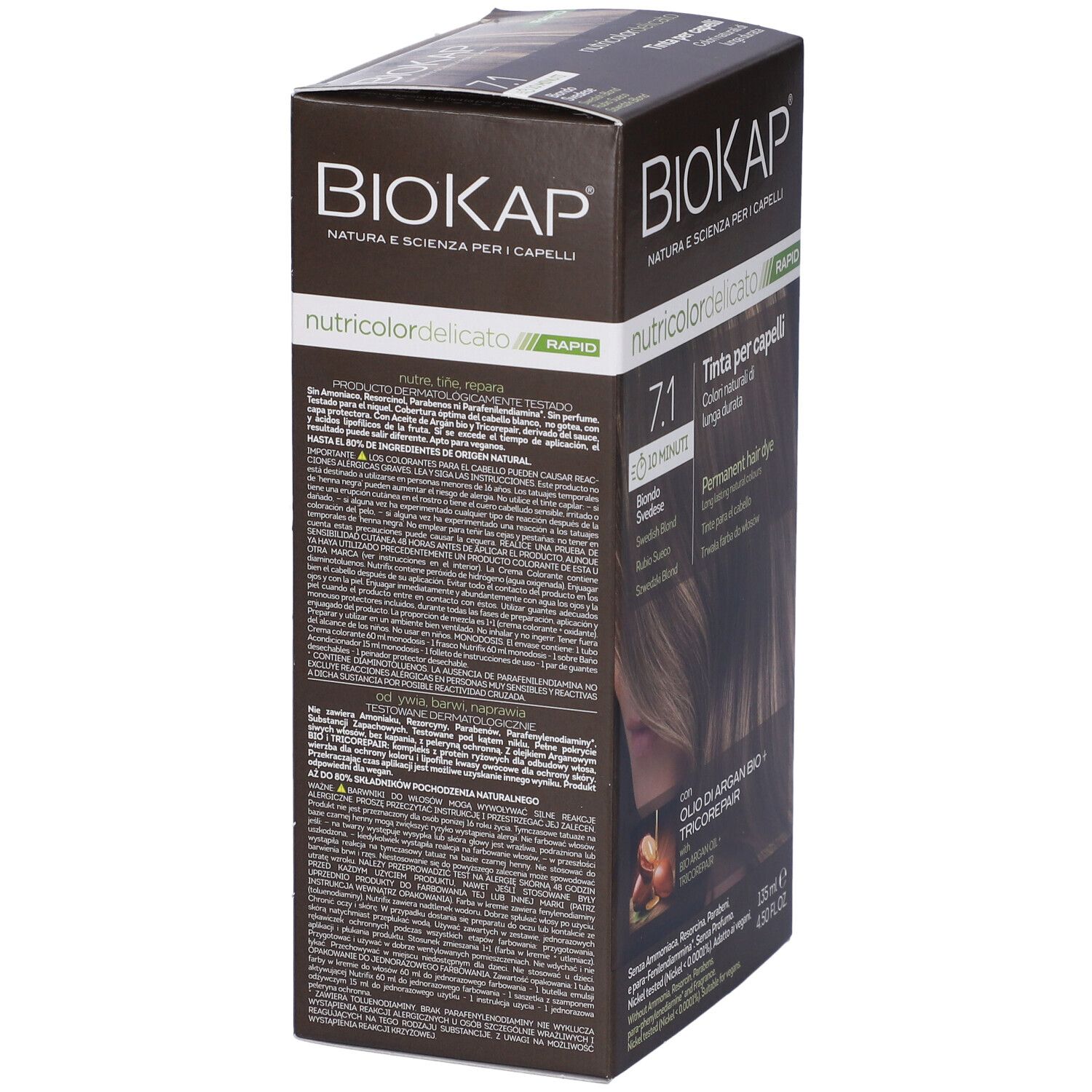 Retro della scatola di tintura per capelli. Testo. Scritta: Biokap Nutricolor Delicato Rapid. Con ingredienti e istruzioni.