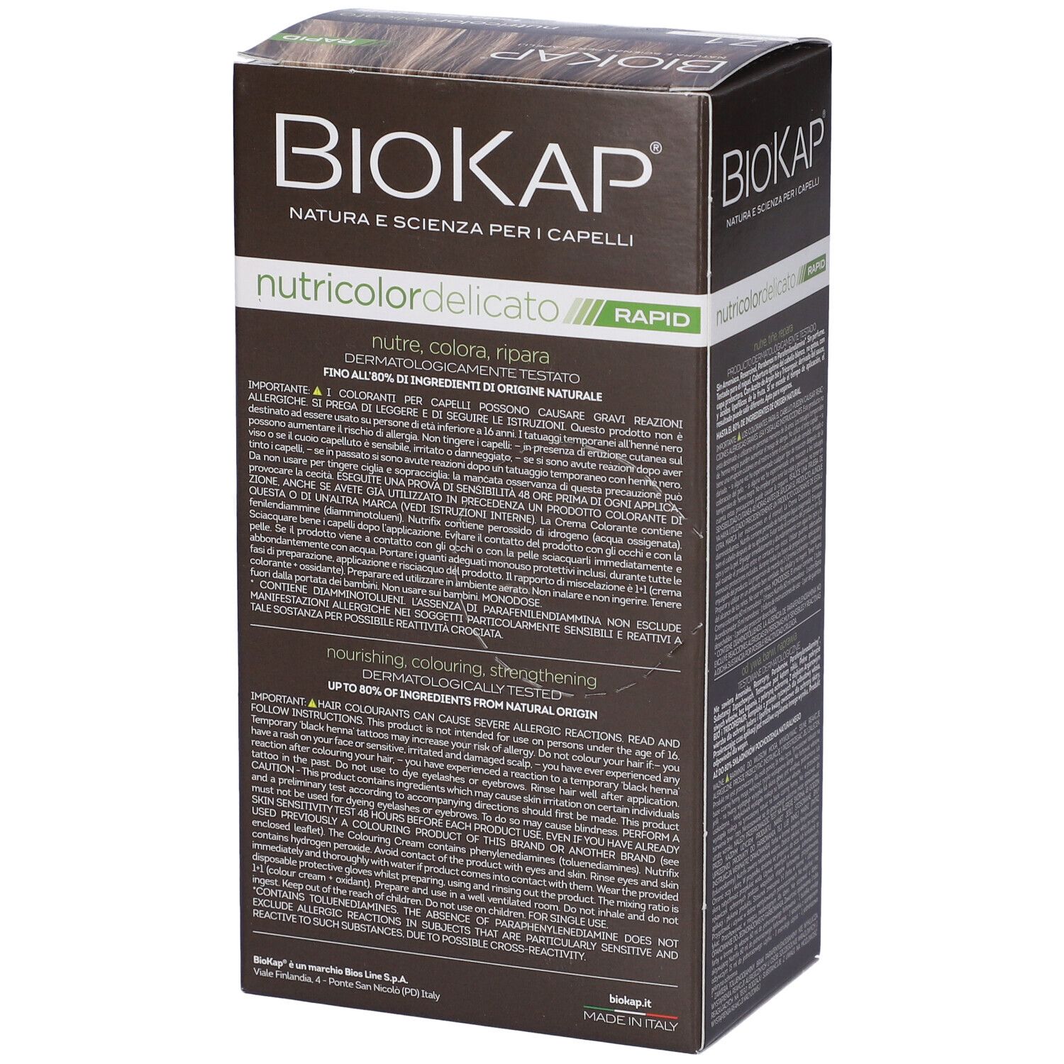 Retro della scatola di tintura per capelli. Testo. Scritta: Biokap Nutricolor Delicato. Con ingredienti e istruzioni.