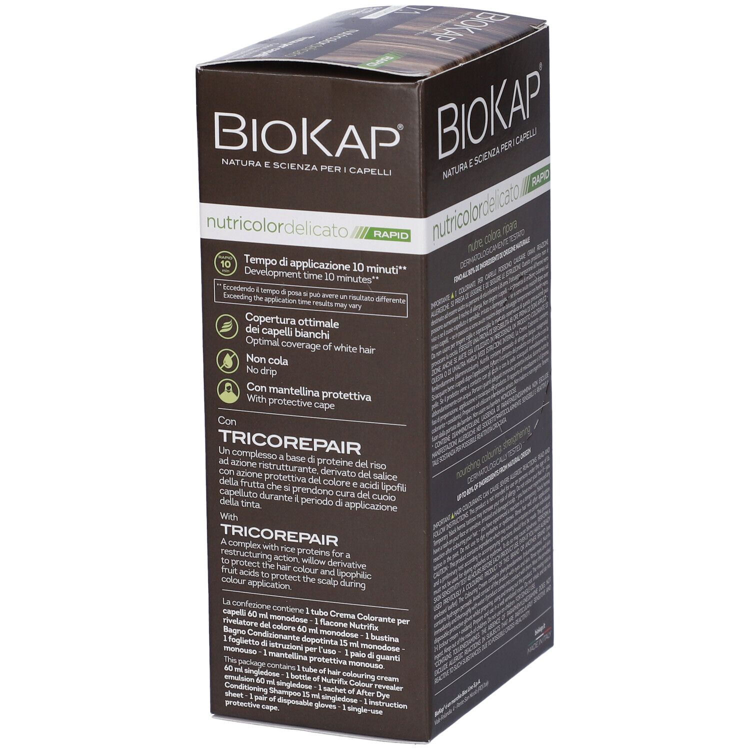 Lato della scatola di tintura per capelli. Testo. Scritta: Biokap Nutricolor Delicato Rapid. Con istruzioni per l'uso.