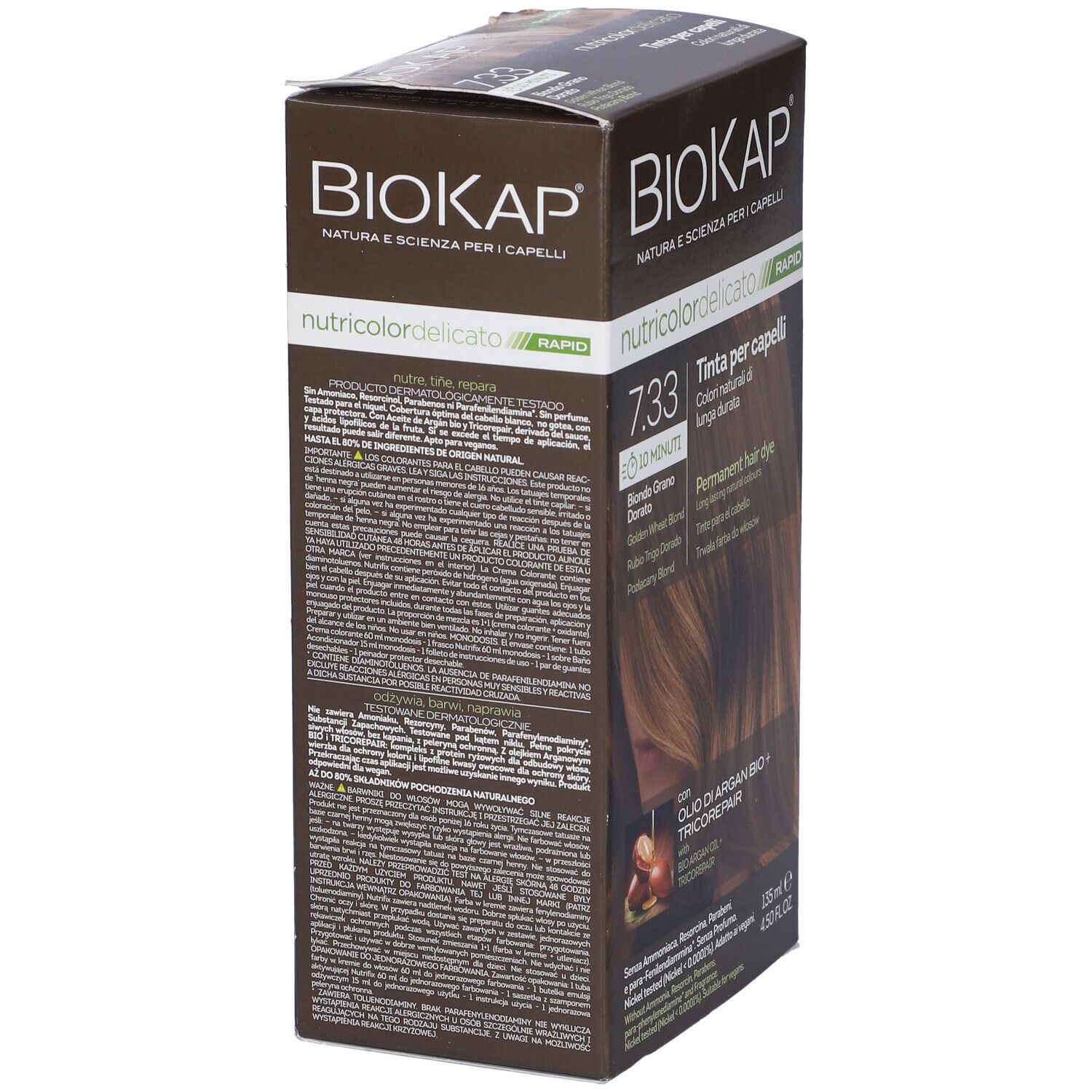 Scatola marrone con testo. Scritto: "Biokap Nutricolor Delicato Rapid". Testo su ingredienti e utilizzo.