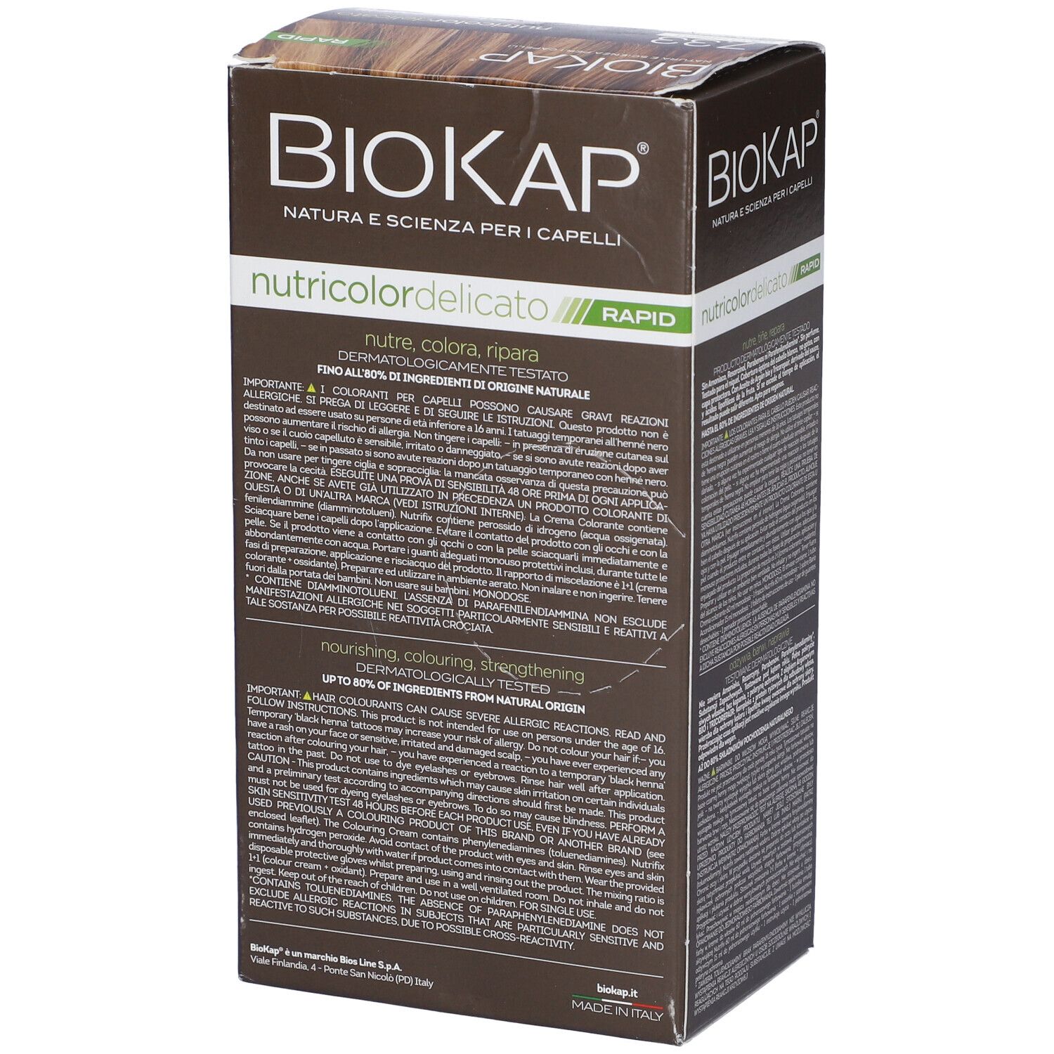 Scatola marrone con testo. Scritto: "Biokap Nutricolor Delicato Rapid". Testo su ingredienti e utilizzo.
