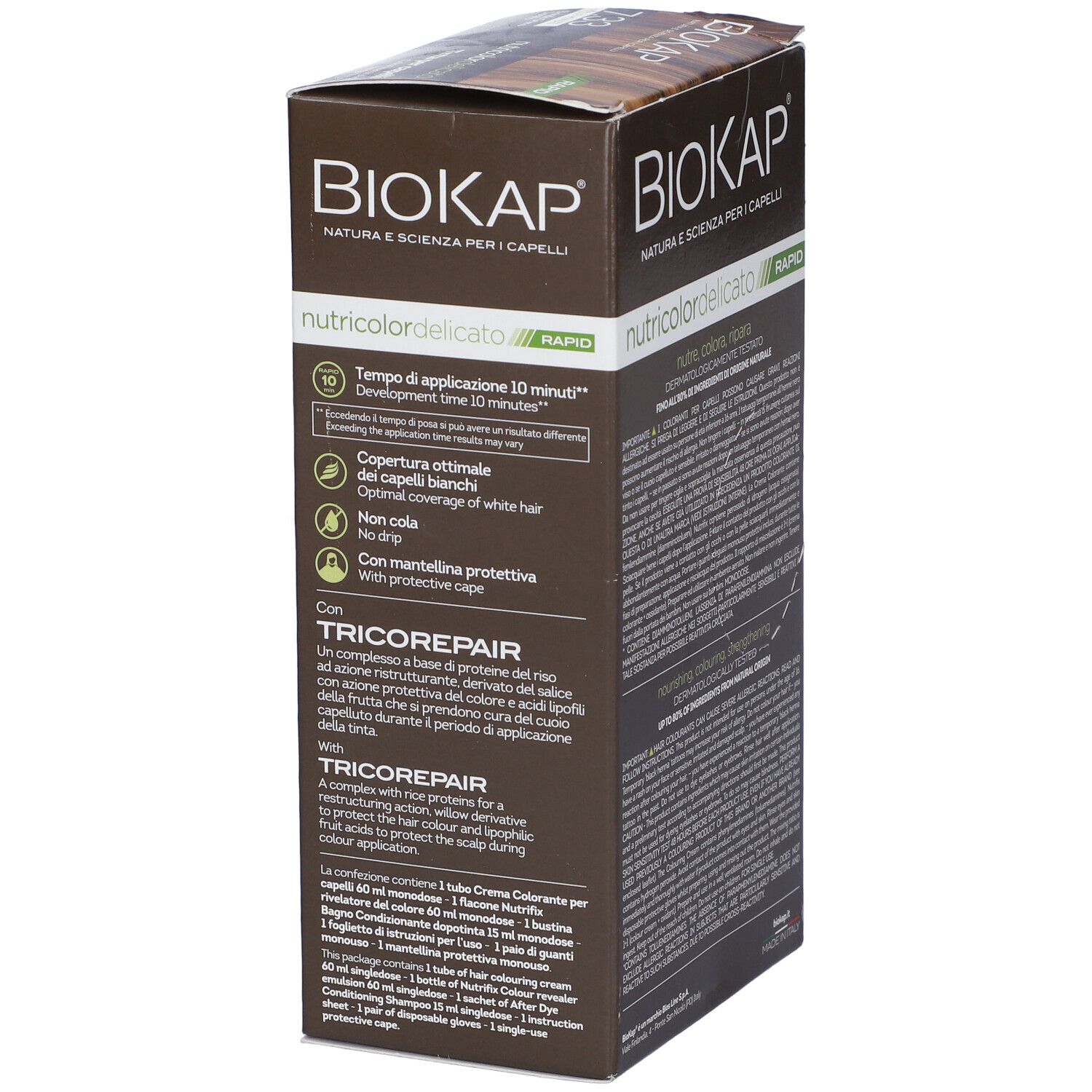 Scatola marrone con testo. Scritto: "Biokap Nutricolor Delicato Rapid". Testo su utilizzo e ingredienti.