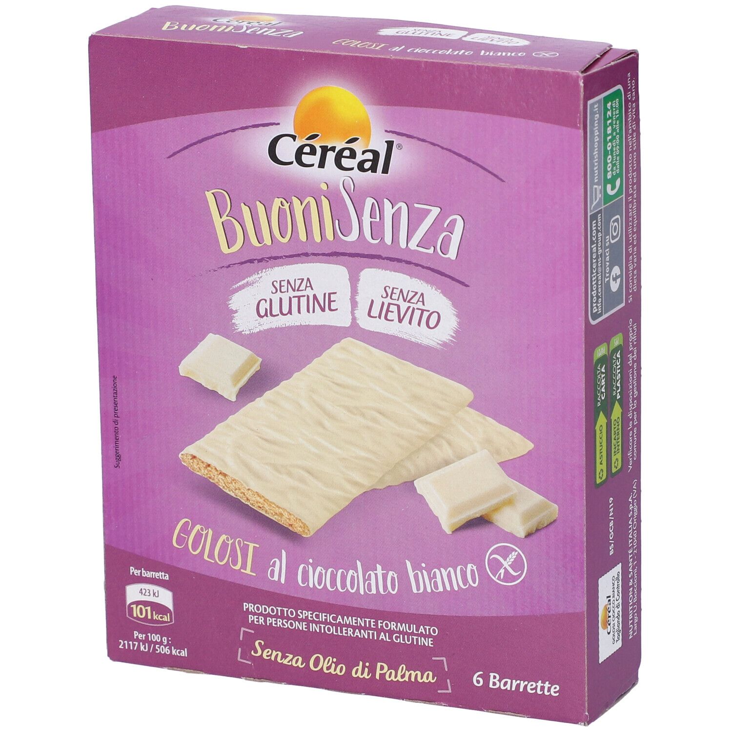 Confezione di Cereal Buoni Senza, barrette senza glutine al cioccolato bianco. 6 barrette, senza olio di palma.