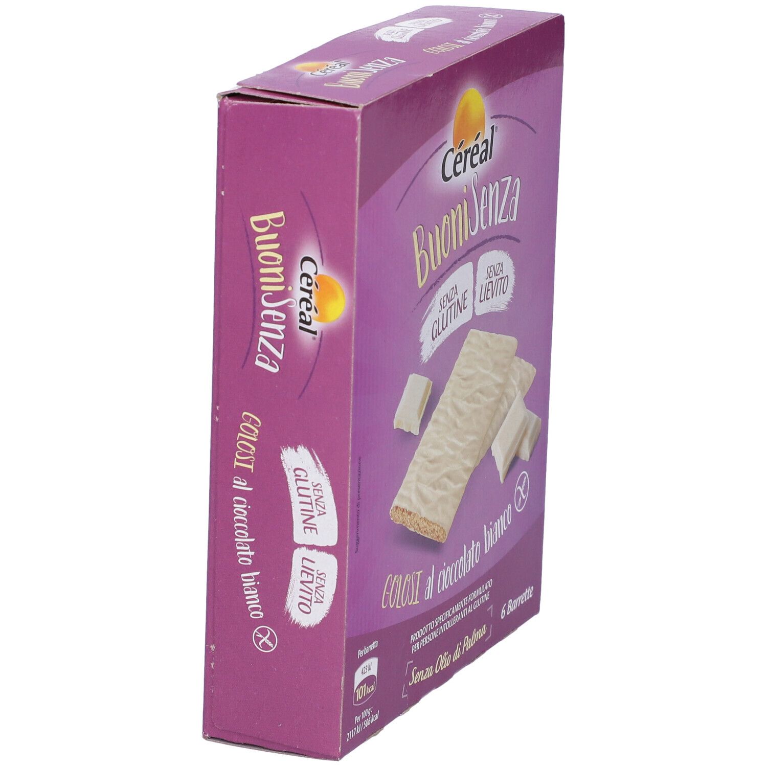 Confezione di Cereal Buoni Senza, barrette senza glutine al cioccolato bianco. Vista laterale.