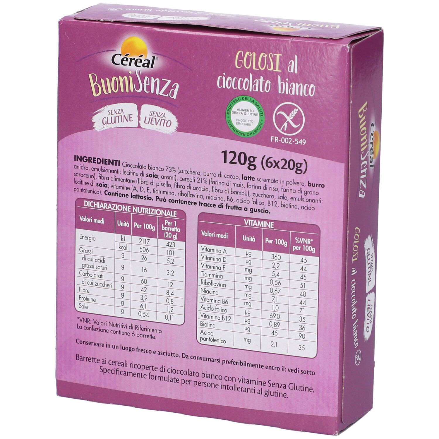 Retro della confezione Cereal Buoni Senza, barrette senza glutine al cioccolato bianco. Informazioni nutrizionali.
