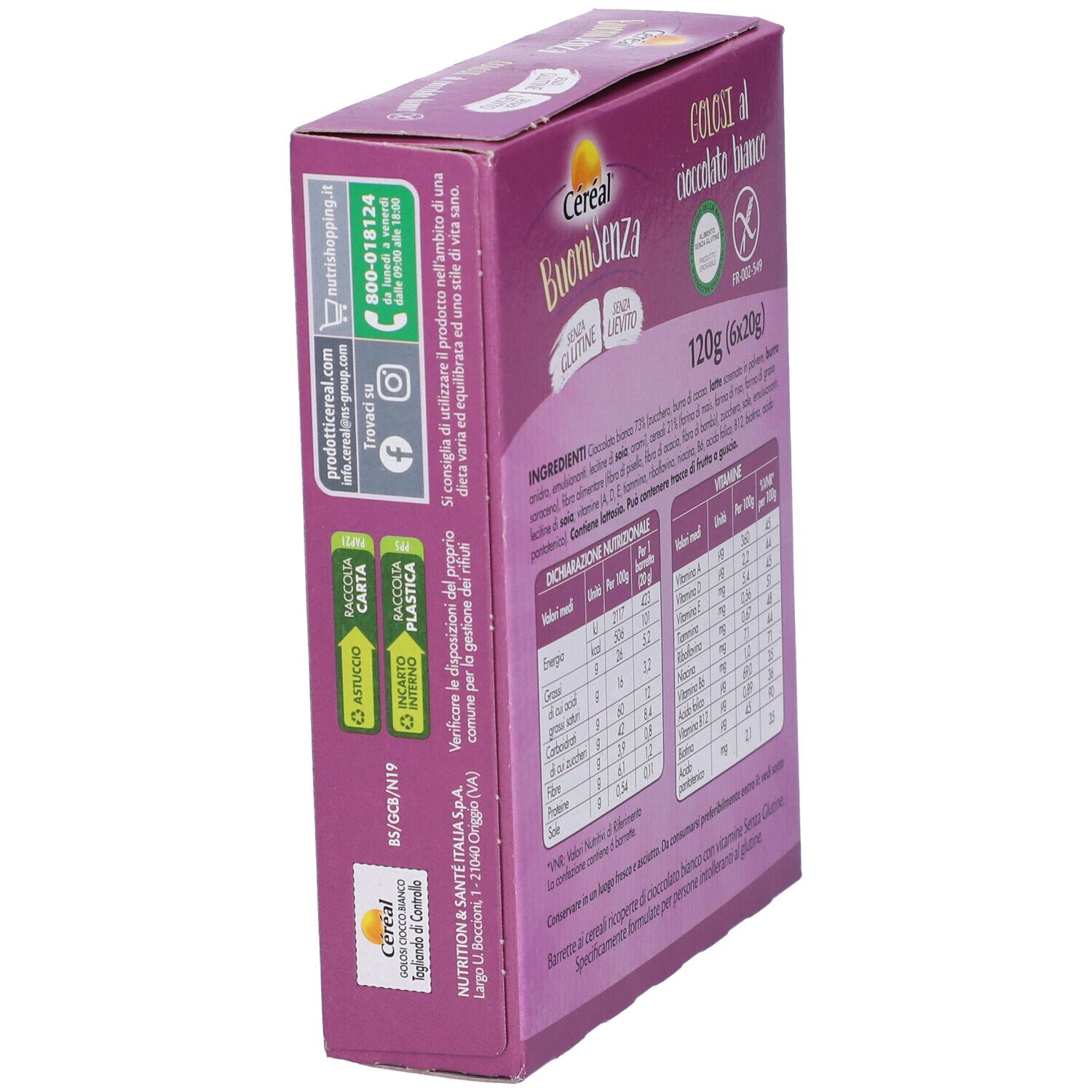 Vista laterale della confezione Cereal Buoni Senza, barrette senza glutine al cioccolato bianco. Informazioni.