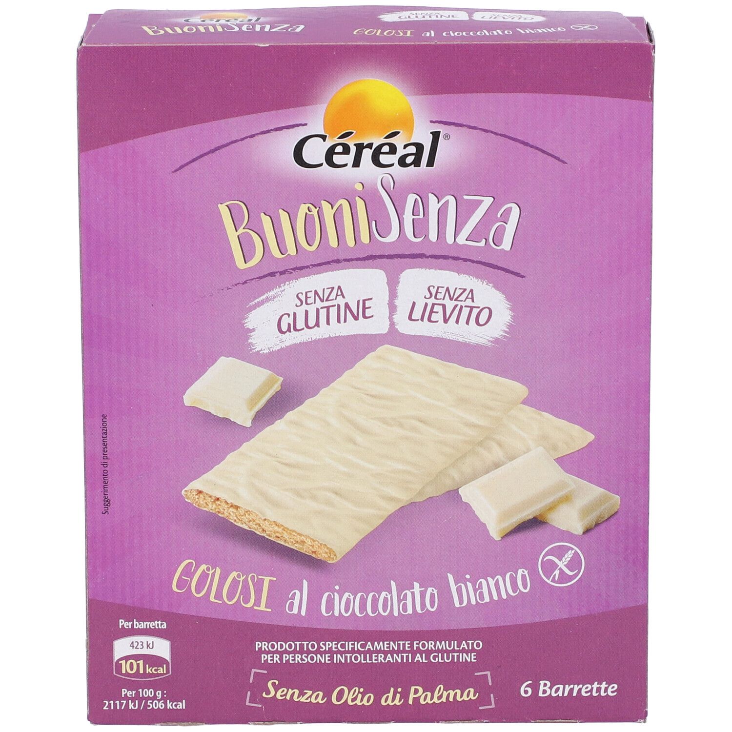 Confezione di Cereal Buoni Senza, barrette senza glutine al cioccolato bianco. 6 barrette, senza olio di palma.