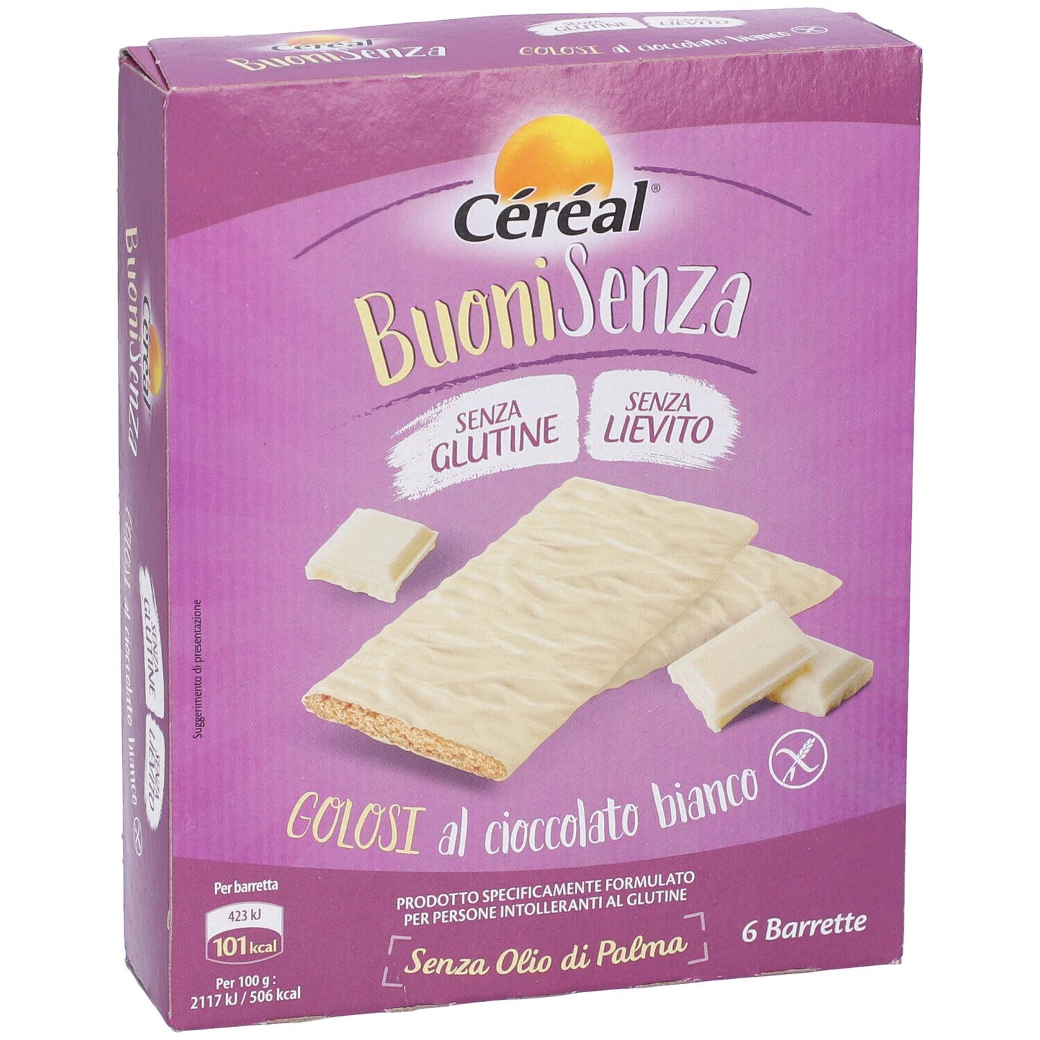 Confezione di Cereal Buoni Senza, barrette senza glutine al cioccolato bianco. 6 barrette, senza olio di palma.