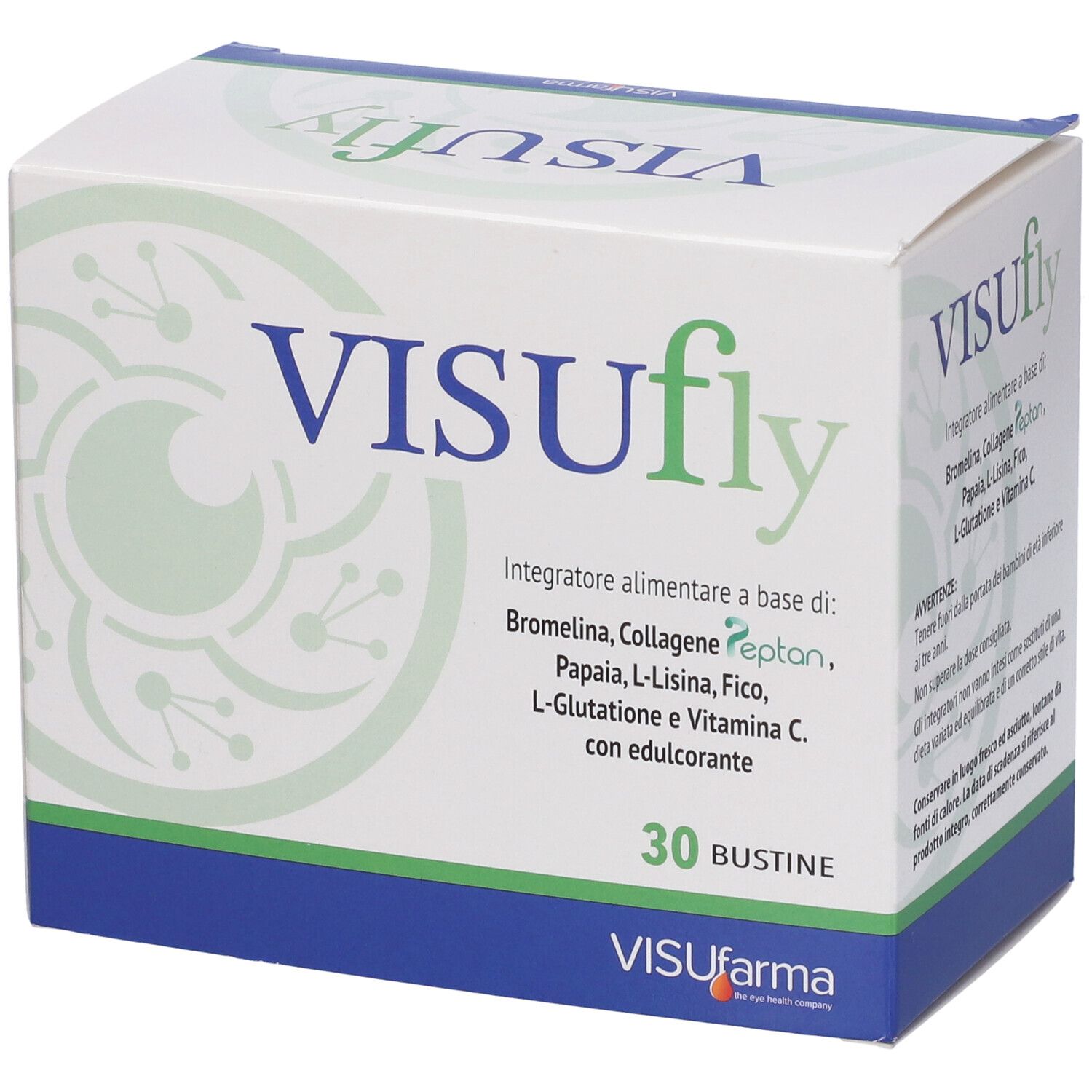 Scatola bianca con logo verde e scritta VISUfly. Contiene 30 bustine. Logo VISUfarma in basso.