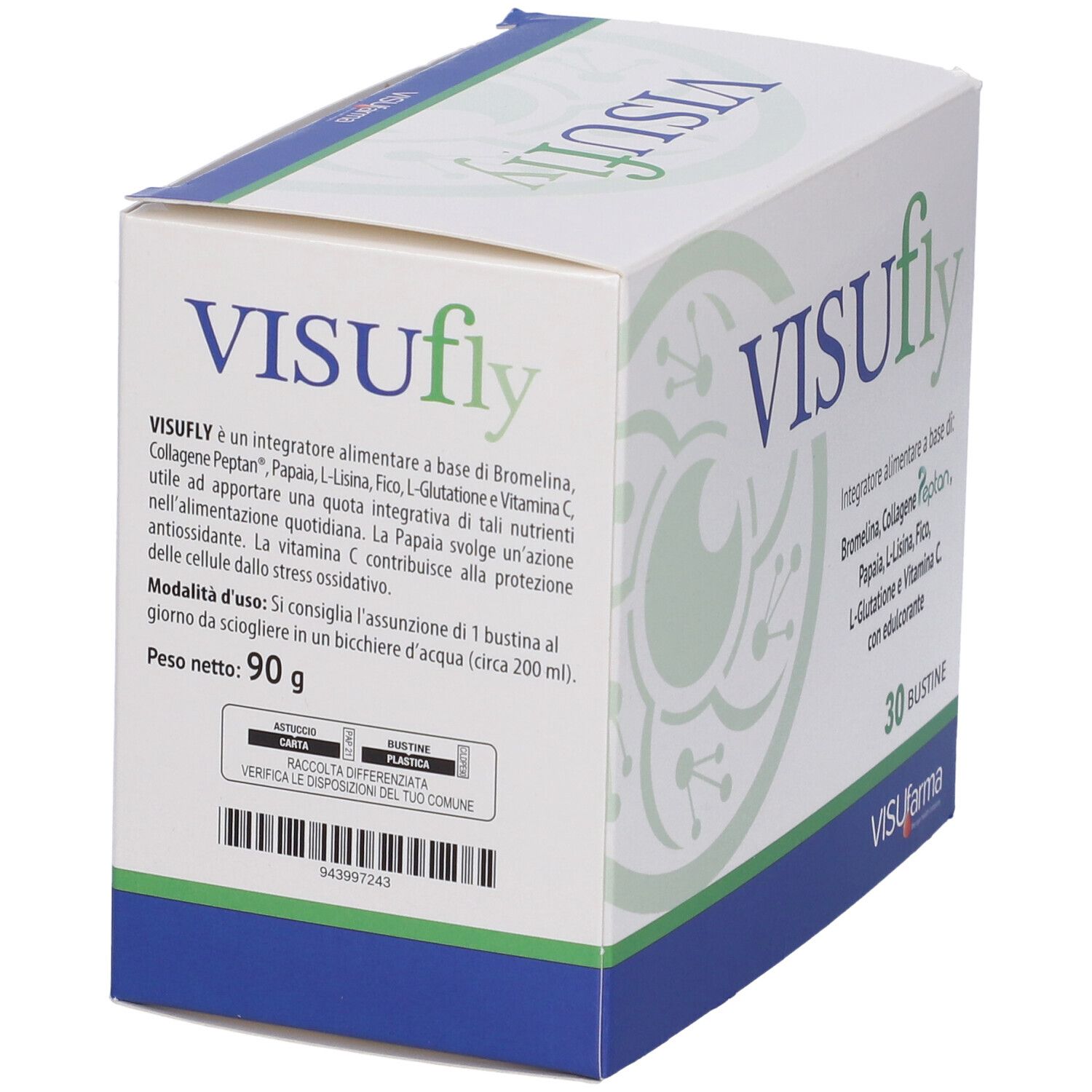 Scatola bianca con logo verde e scritta VISUfly. Contiene 30 bustine. Testo su ingredienti e uso.