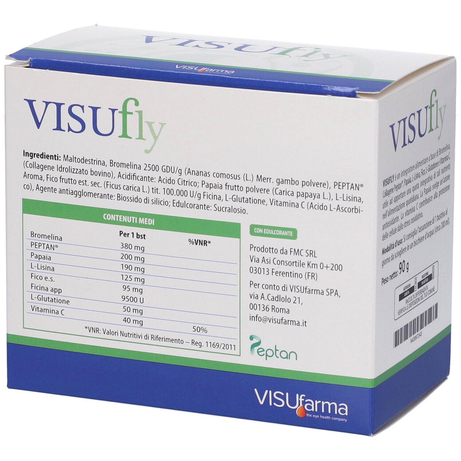 Scatola bianca con logo verde e scritta VISUfly. Contiene 30 bustine. Elenco ingredienti e informazioni nutrizionali.