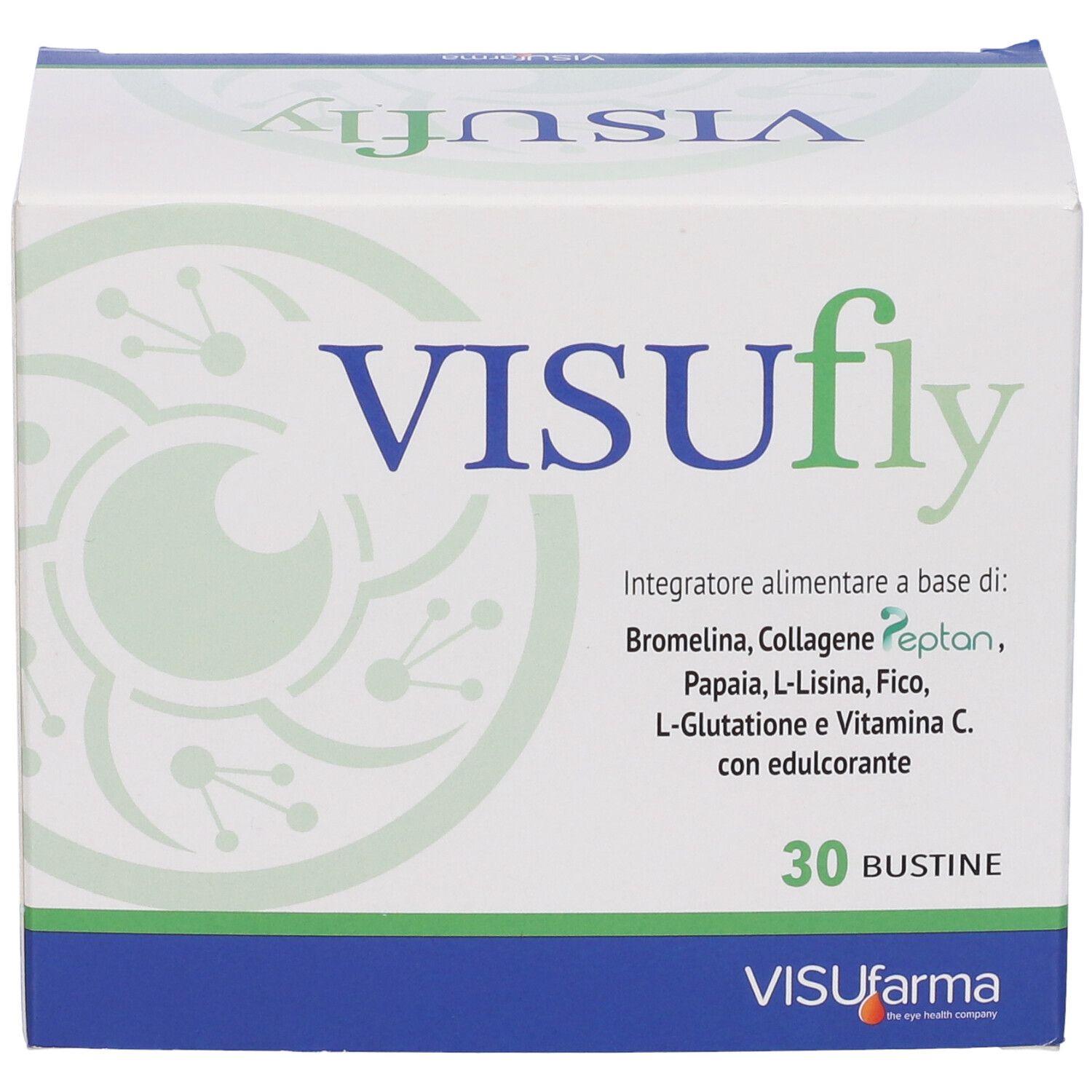 Scatola bianca con logo verde e scritta VISUfly. Contiene 30 bustine. Logo VISUfarma in basso.
