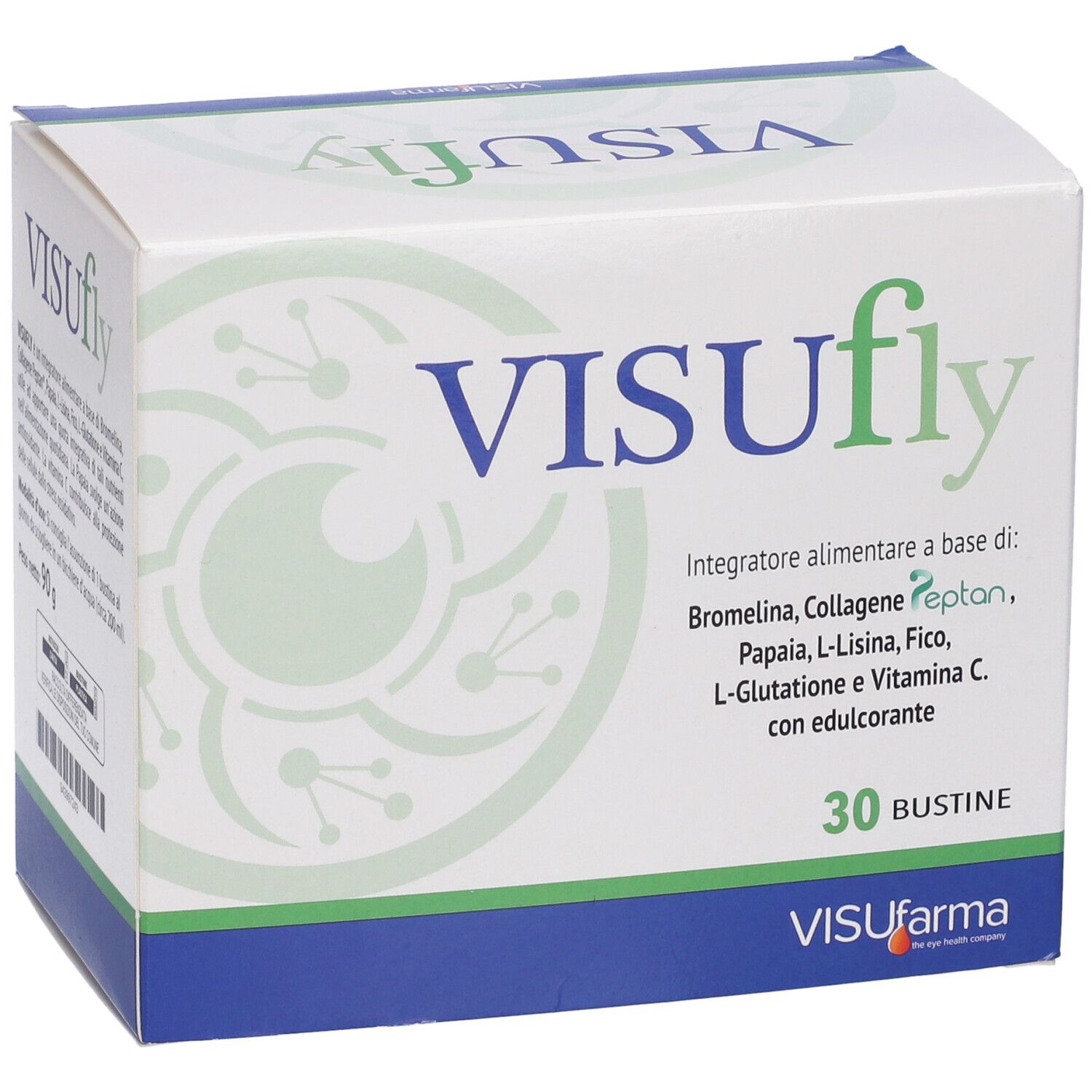 Scatola bianca con logo verde e scritta VISUfly. Contiene 30 bustine. Logo VISUfarma in basso.