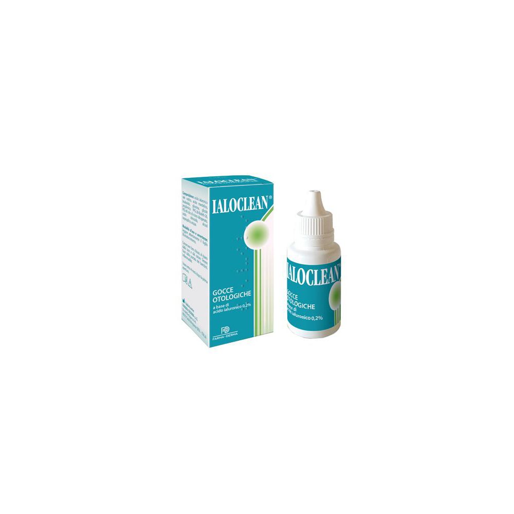 Ialoclean Gocce Otologiche. Flacone e scatola. Confezione blu e bianca. Nome del prodotto e logo ben visibili.