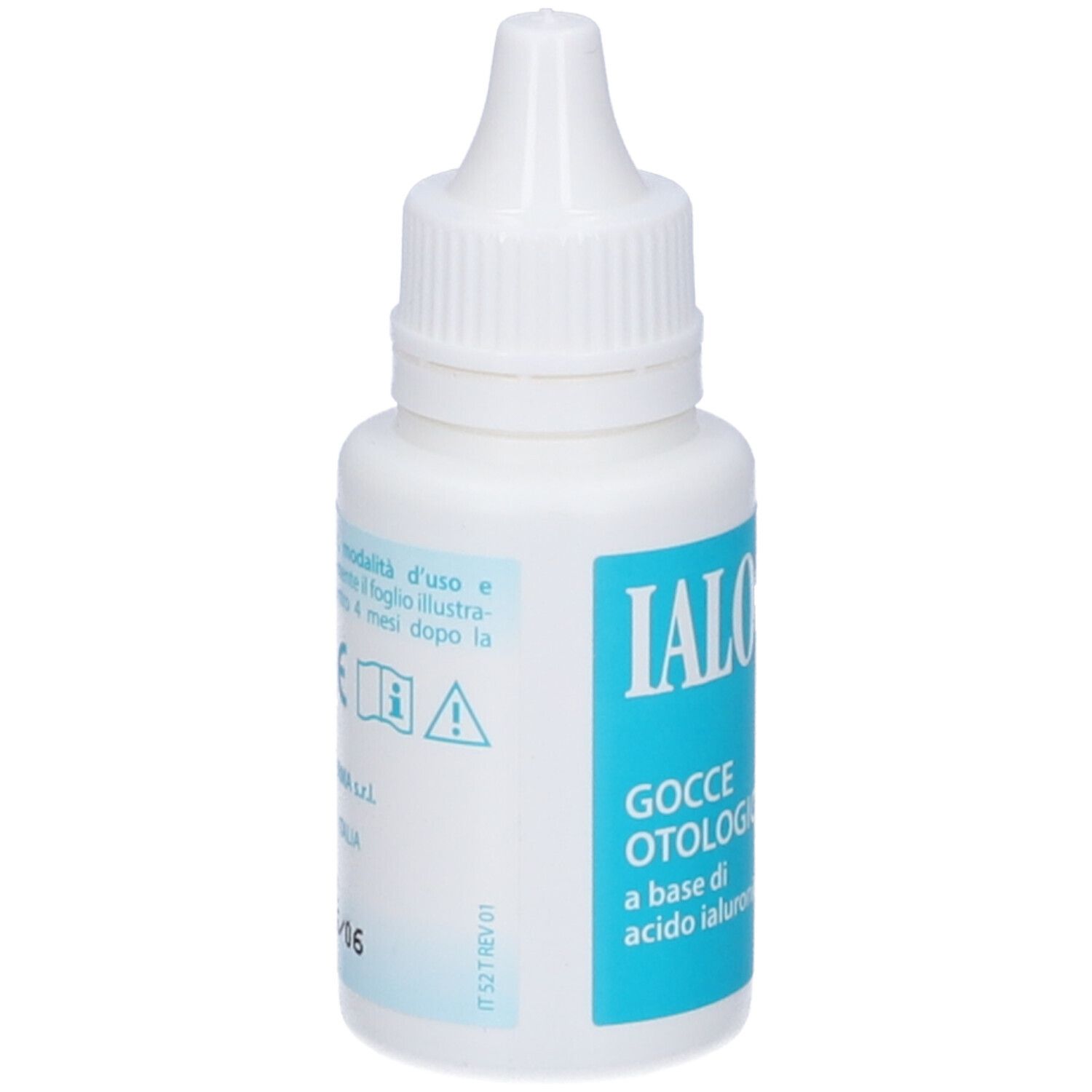 Ialoclean Gocce Otologiche. Flacone bianco con scritte blu. Informazioni testuali sull'etichetta.